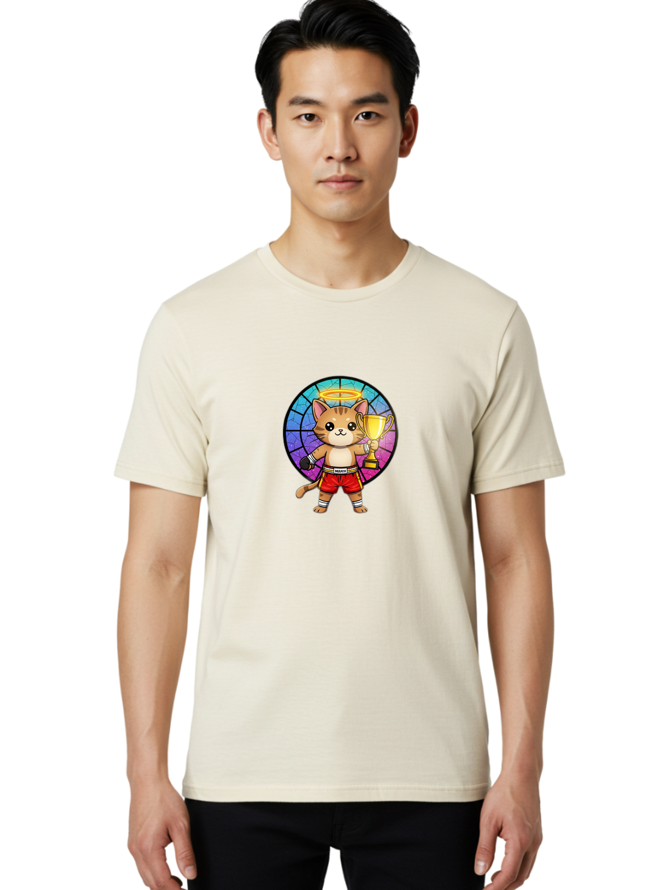Muay-Cat-1 Men'S Graphic Tee, 100% Cotton, Comfortable Casual Summer Wear, Machine Washable, Cartoon Cat, Muay Thai Fighter, Gold Trophy, Boxing Gloves, Red Shorts, Champion, Victorious, Stained Glass, Halo, Whimsical Design, Funny Kitty, Bae544