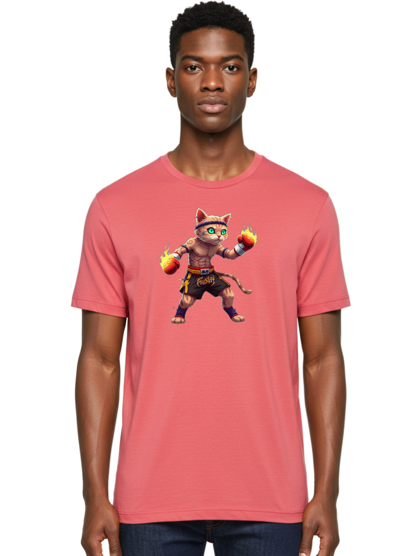 Muay-Cat-2 Men'S Graphic Tee, 100% Cotton, Comfortable Casual Summer Wear, Machine Washable, Boxing Cat, Martial Arts, Muay Thai, Fighting Cat, Cartoon Character, Muscular Cat, Green Eyes, Boxing Gloves With Flames, Sports Illustration, Bae545