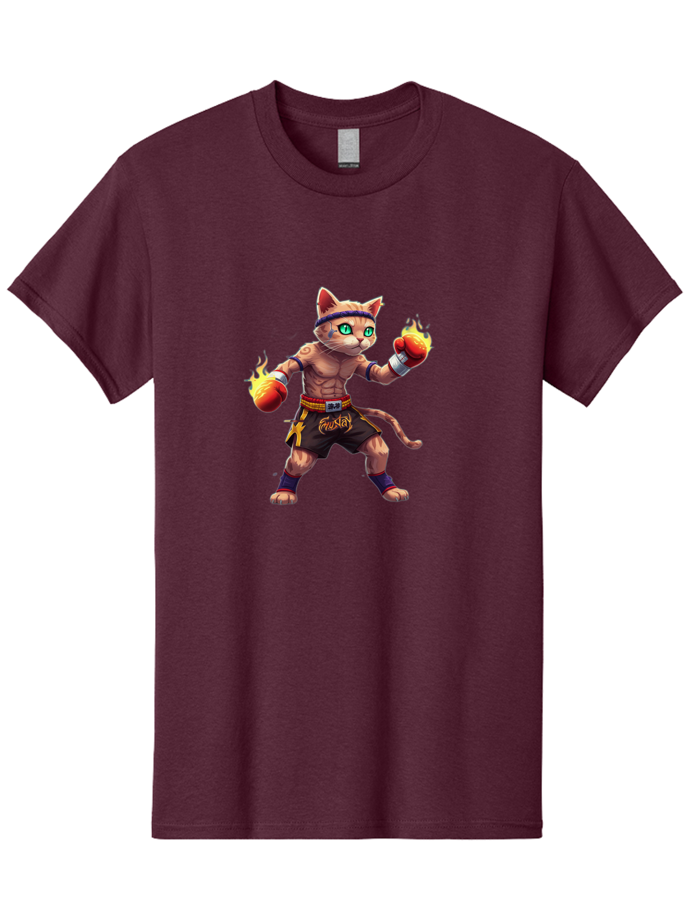 Muay-Cat-2 Men'S Graphic Tee, 100% Cotton, Comfortable Casual Summer Wear, Machine Washable, Boxing Cat, Martial Arts, Muay Thai, Fighting Cat, Cartoon Character, Muscular Cat, Green Eyes, Boxing Gloves With Flames, Sports Illustration, Bae545