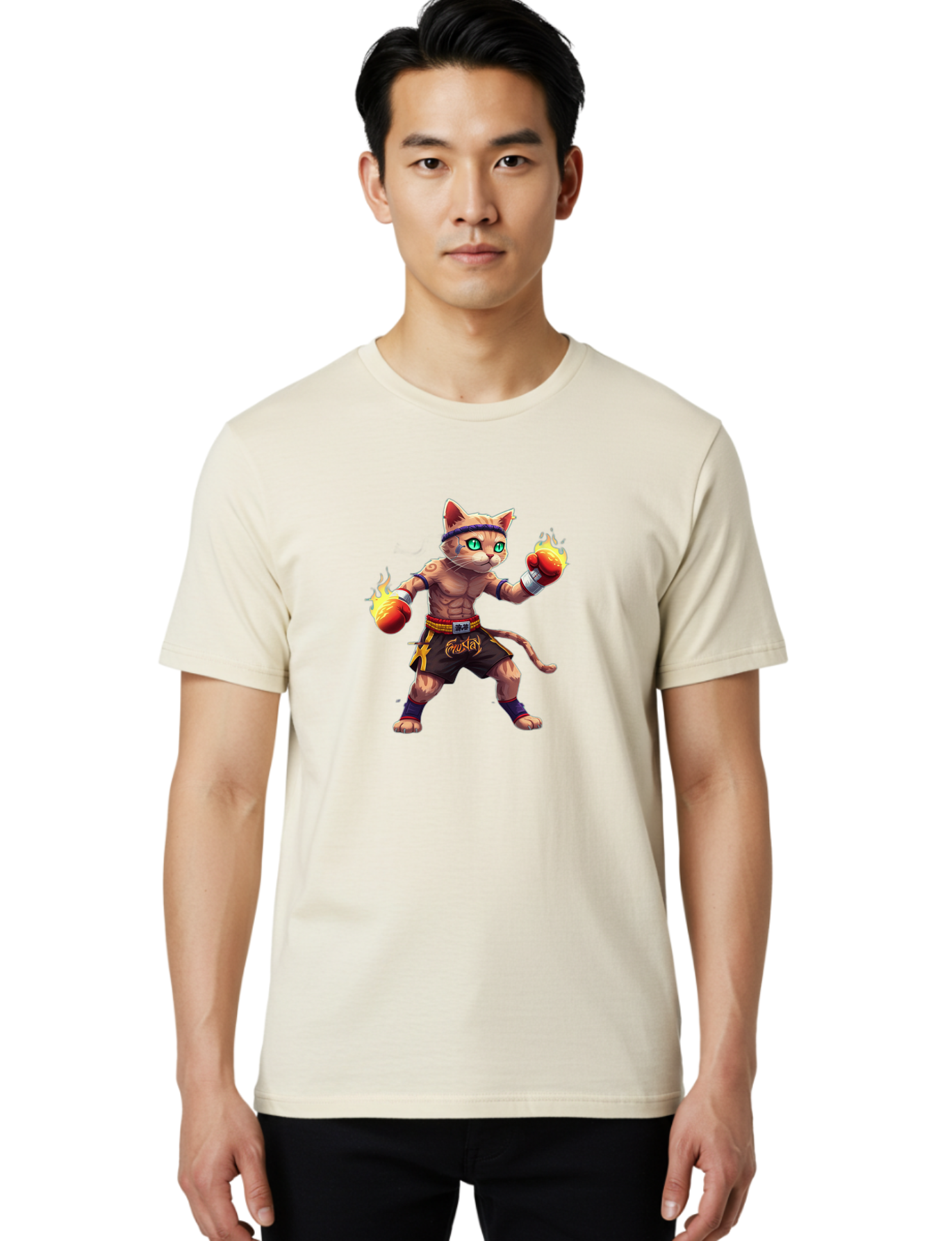 Muay-Cat-2 Men'S Graphic Tee, 100% Cotton, Comfortable Casual Summer Wear, Machine Washable, Boxing Cat, Martial Arts, Muay Thai, Fighting Cat, Cartoon Character, Muscular Cat, Green Eyes, Boxing Gloves With Flames, Sports Illustration, Bae545