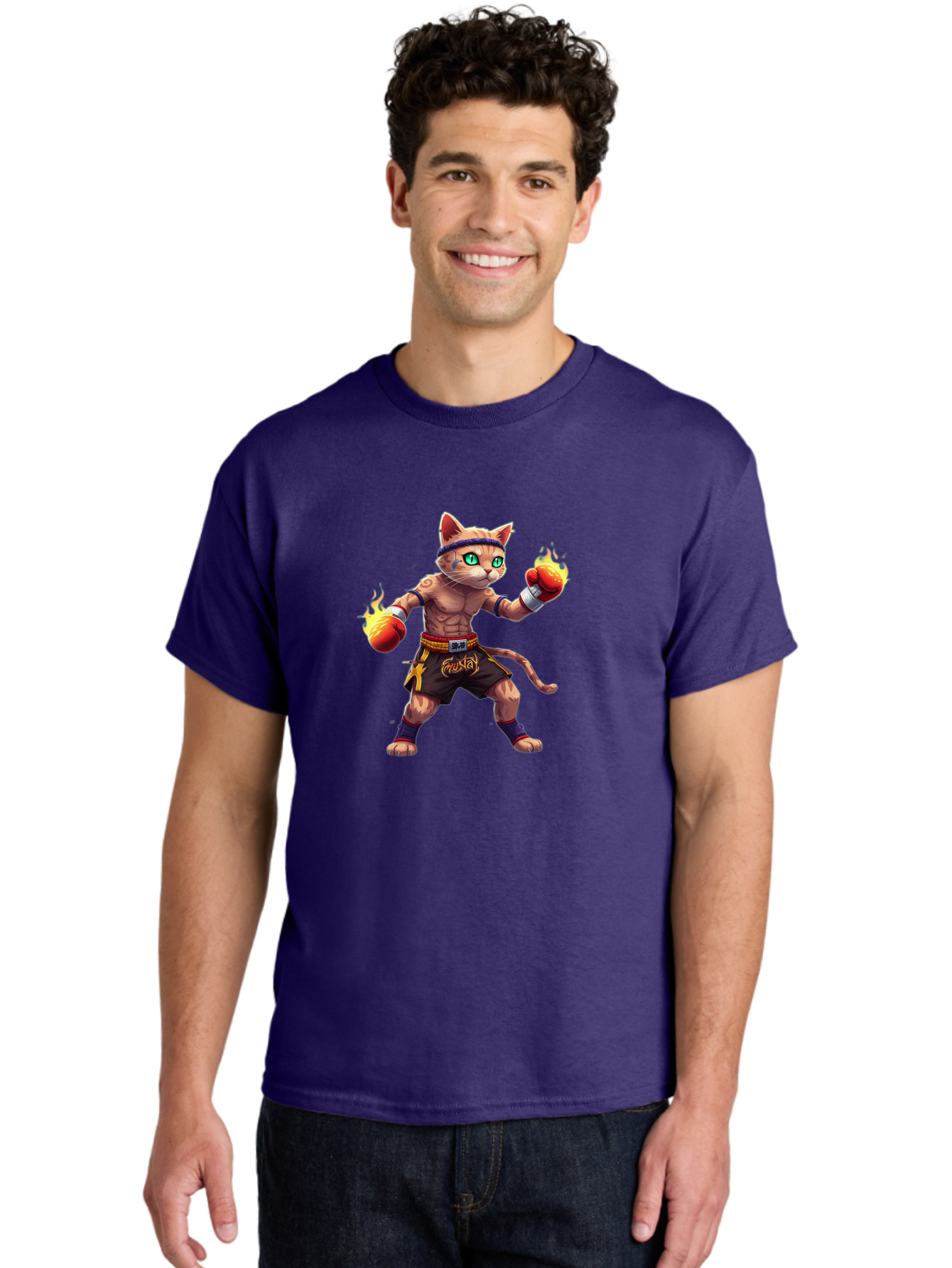 Muay-Cat-2 Men'S Graphic Tee, 100% Cotton, Comfortable Casual Summer Wear, Machine Washable, Boxing Cat, Martial Arts, Muay Thai, Fighting Cat, Cartoon Character, Muscular Cat, Green Eyes, Boxing Gloves With Flames, Sports Illustration, Bae545