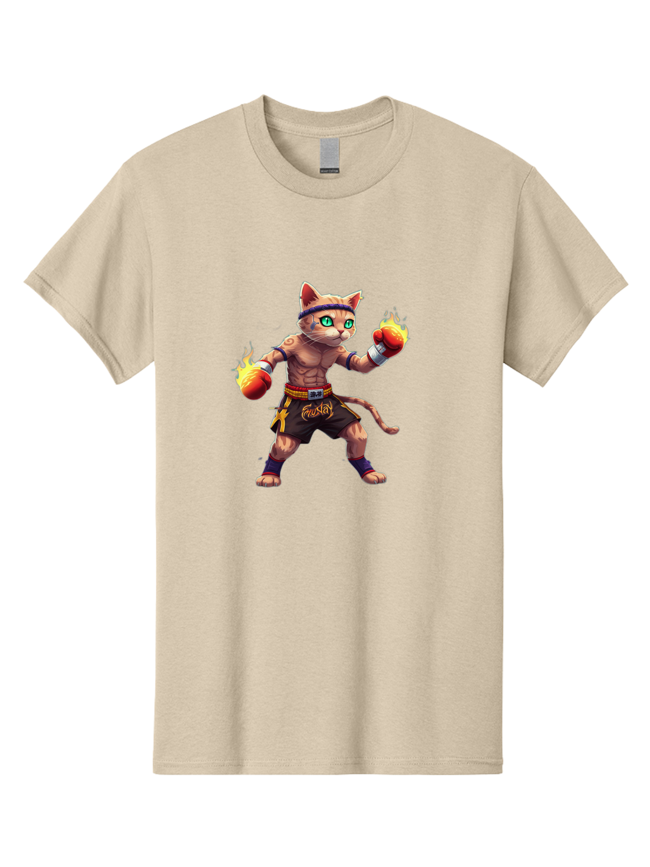 Muay-Cat-2 Men'S Graphic Tee, 100% Cotton, Comfortable Casual Summer Wear, Machine Washable, Boxing Cat, Martial Arts, Muay Thai, Fighting Cat, Cartoon Character, Muscular Cat, Green Eyes, Boxing Gloves With Flames, Sports Illustration, Bae545