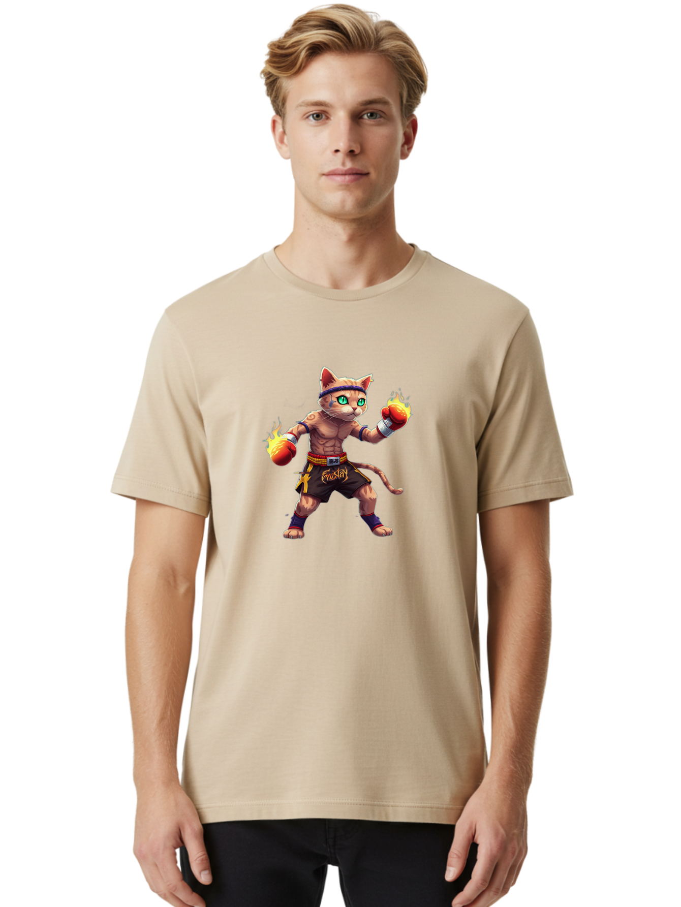 Muay-Cat-2 Men'S Graphic Tee, 100% Cotton, Comfortable Casual Summer Wear, Machine Washable, Boxing Cat, Martial Arts, Muay Thai, Fighting Cat, Cartoon Character, Muscular Cat, Green Eyes, Boxing Gloves With Flames, Sports Illustration, Bae545