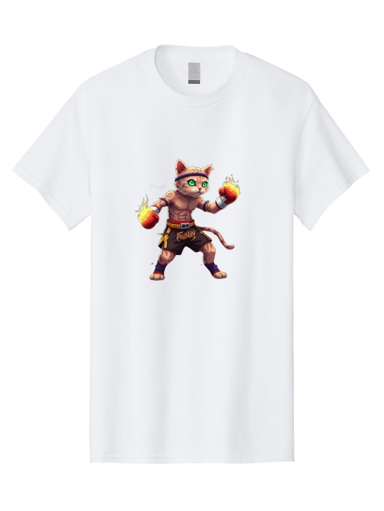 Muay-Cat-2 Men'S Graphic Tee, 100% Cotton, Comfortable Casual Summer Wear, Machine Washable, Boxing Cat, Martial Arts, Muay Thai, Fighting Cat, Cartoon Character, Muscular Cat, Green Eyes, Boxing Gloves With Flames, Sports Illustration, Bae545