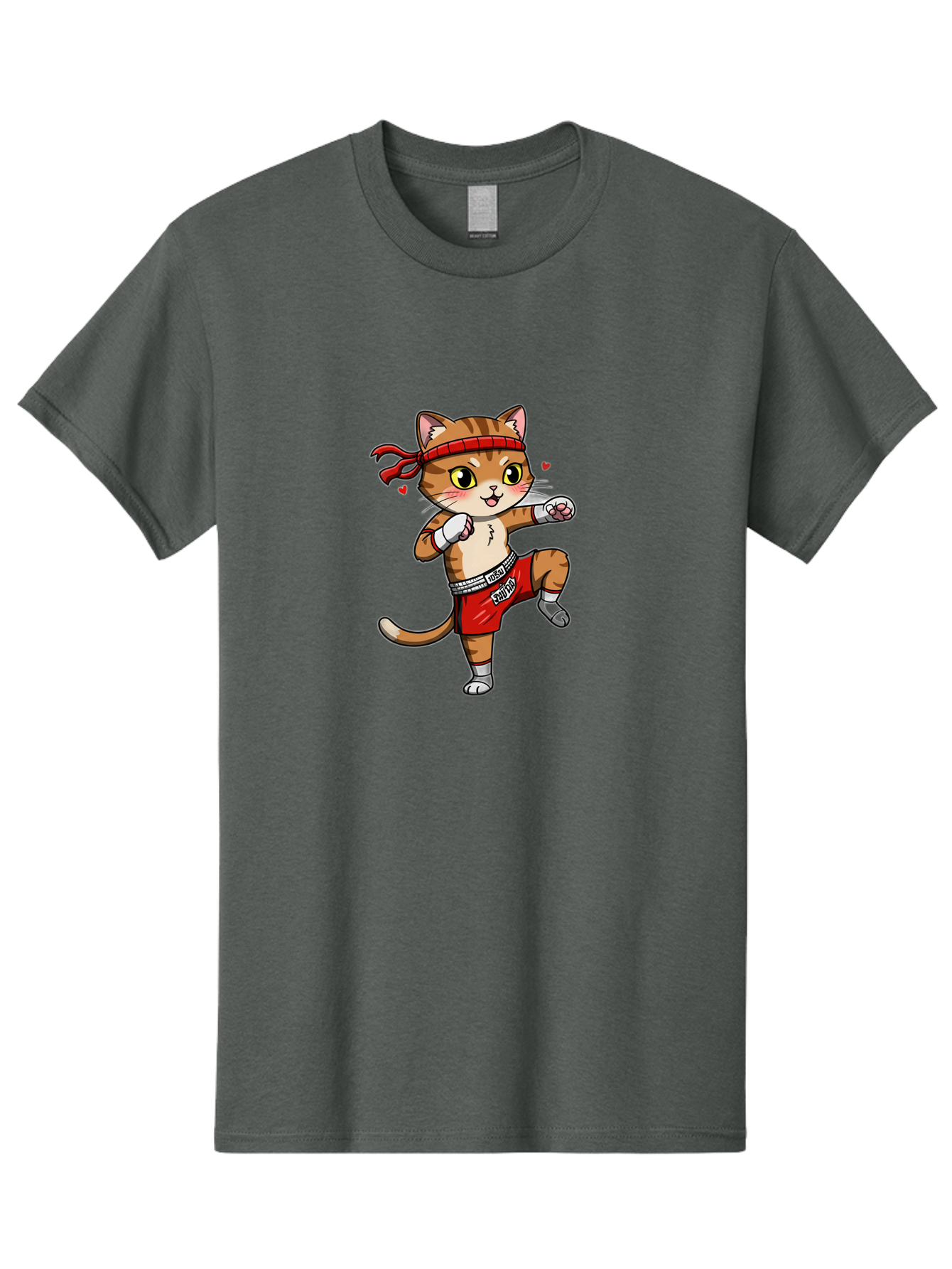 Muay-Cat Men'S Graphic Tee, 100% Cotton, Comfortable Casual Summer Wear, Machine Washable, Cartoon Cat, Muay Thai Fighter, Milo Branding, Red Shorts, White Gloves, Martial Arts, Fighting Stance, Cute Expression, Heart Eyes, Fitness, Strength Bae546