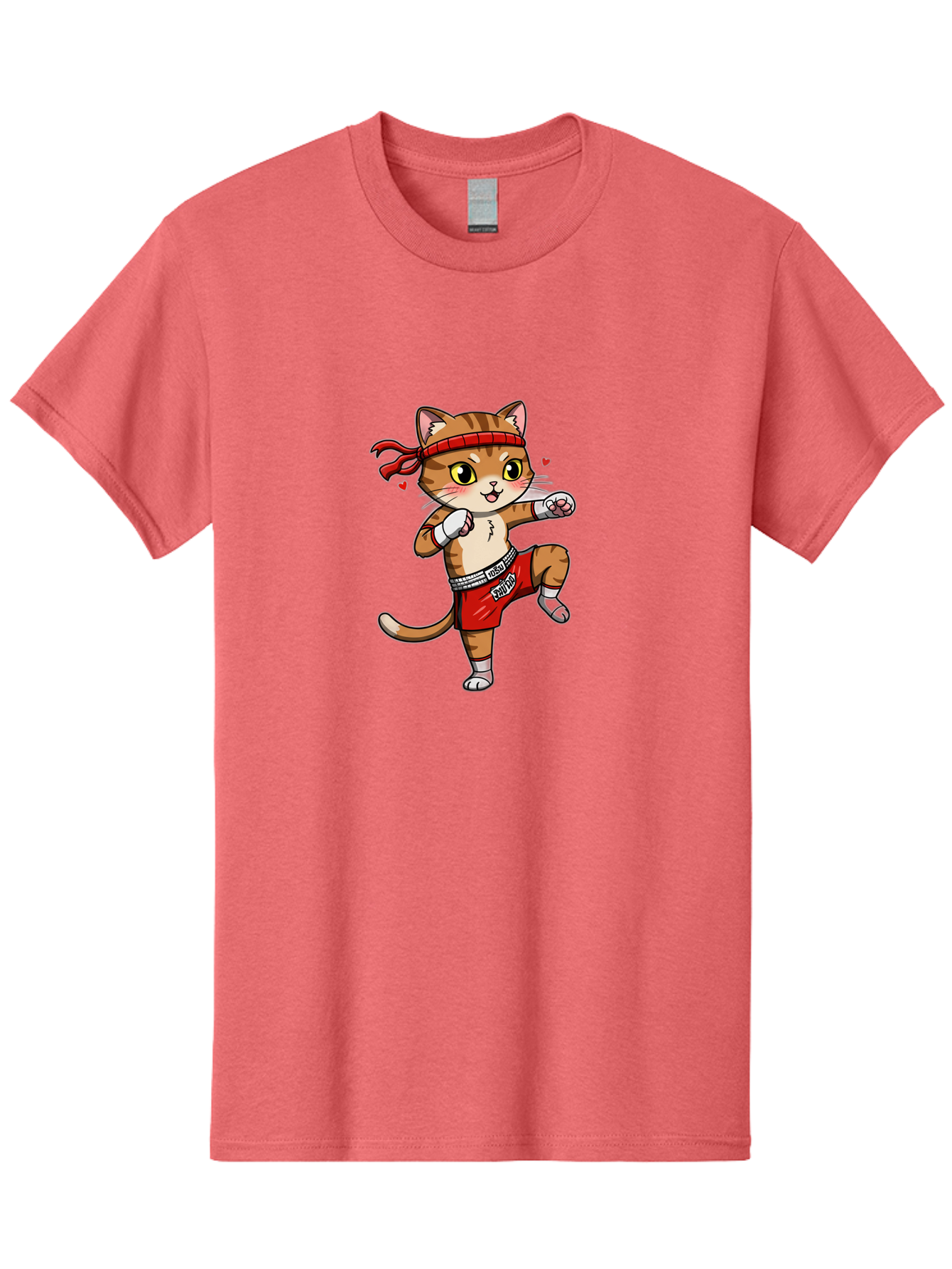 Muay-Cat Men'S Graphic Tee, 100% Cotton, Comfortable Casual Summer Wear, Machine Washable, Cartoon Cat, Muay Thai Fighter, Milo Branding, Red Shorts, White Gloves, Martial Arts, Fighting Stance, Cute Expression, Heart Eyes, Fitness, Strength Bae546