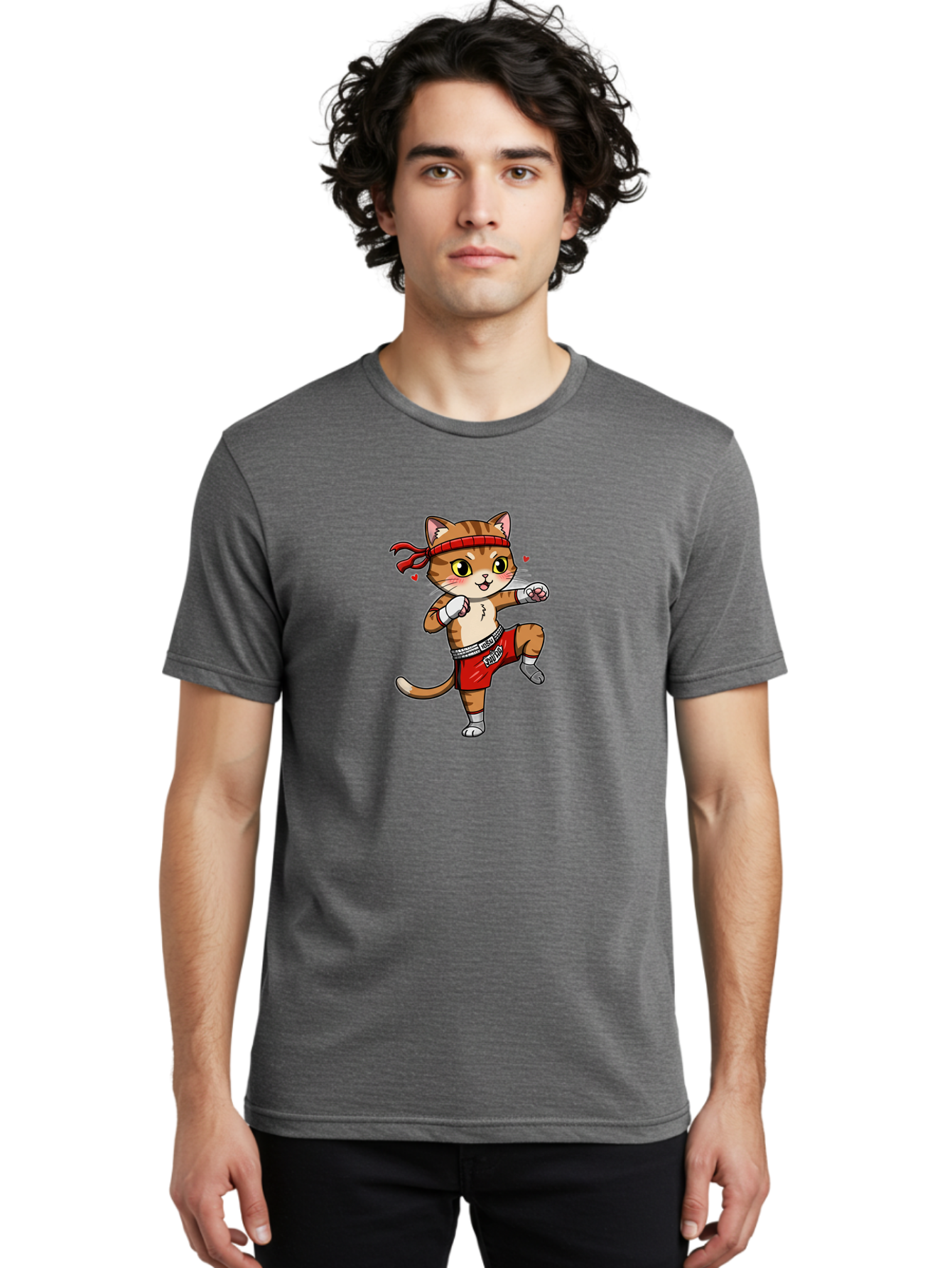 Muay-Cat Men'S Graphic Tee, 100% Cotton, Comfortable Casual Summer Wear, Machine Washable, Cartoon Cat, Muay Thai Fighter, Milo Branding, Red Shorts, White Gloves, Martial Arts, Fighting Stance, Cute Expression, Heart Eyes, Fitness, Strength Bae546