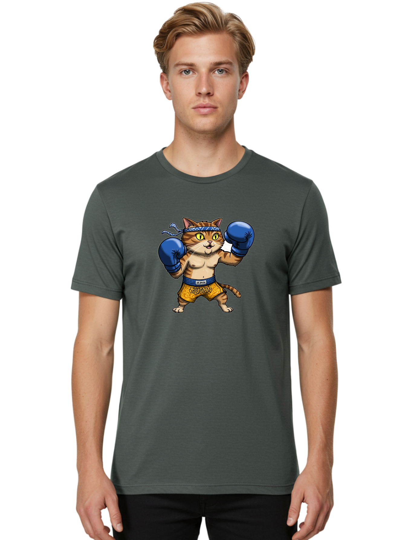 Muay-Muay-Cat Men'S Graphic Tee, 100% Cotton, Comfortable Casual Summer Wear, Machine Washable, Cartoon Cat In Boxing Gloves, Muay Thai Fighter, Muay Mun, Feline Boxer, Cat With Boxing Shorts, Funny Cat Character, Muay Thai Cat, Comic Cat, Bae547