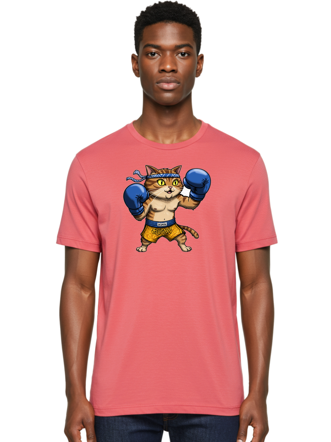 Muay-Muay-Cat Men'S Graphic Tee, 100% Cotton, Comfortable Casual Summer Wear, Machine Washable, Cartoon Cat In Boxing Gloves, Muay Thai Fighter, Muay Mun, Feline Boxer, Cat With Boxing Shorts, Funny Cat Character, Muay Thai Cat, Comic Cat, Bae547