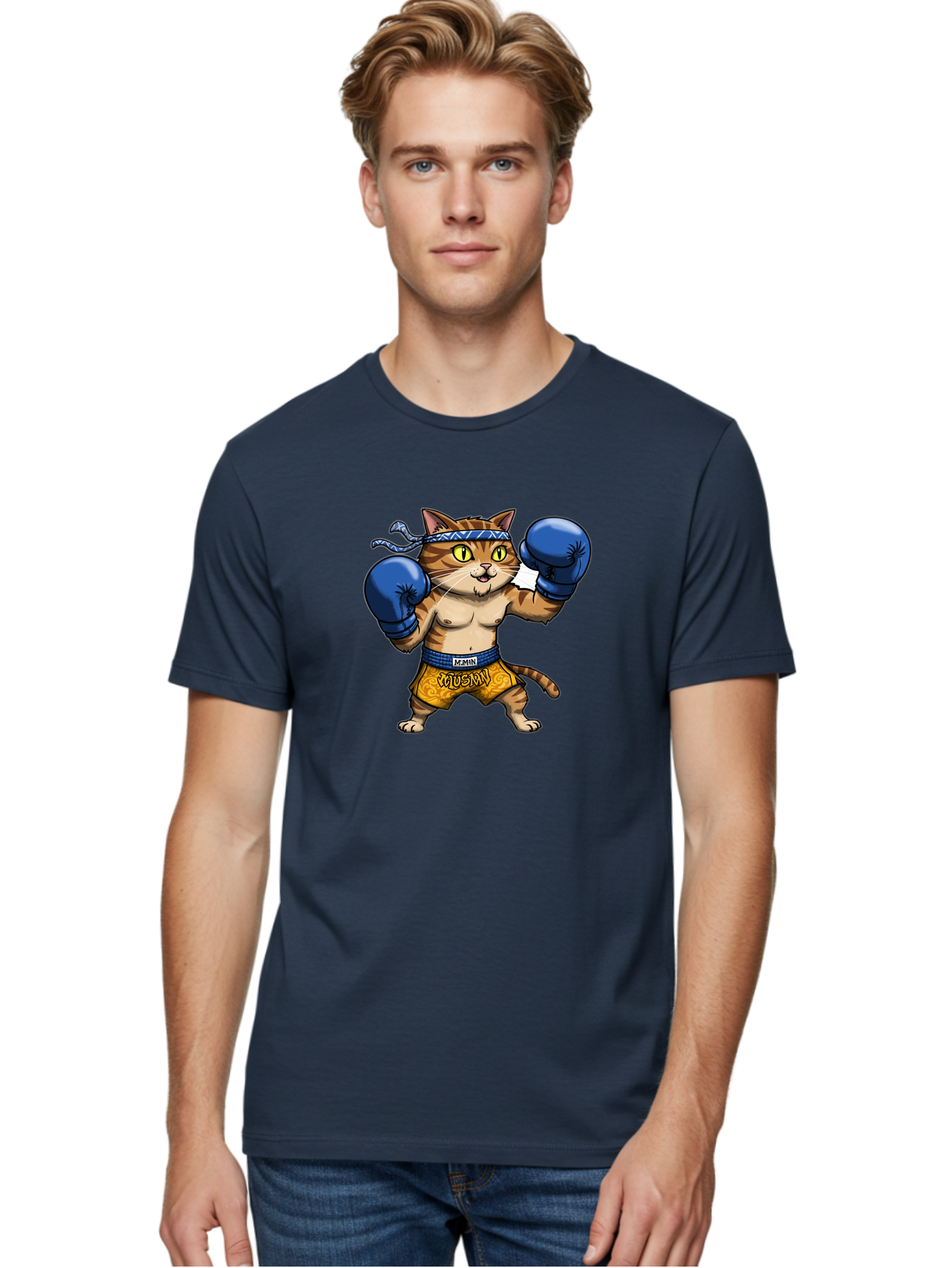 Muay-Muay-Cat Men'S Graphic Tee, 100% Cotton, Comfortable Casual Summer Wear, Machine Washable, Cartoon Cat In Boxing Gloves, Muay Thai Fighter, Muay Mun, Feline Boxer, Cat With Boxing Shorts, Funny Cat Character, Muay Thai Cat, Comic Cat, Bae547