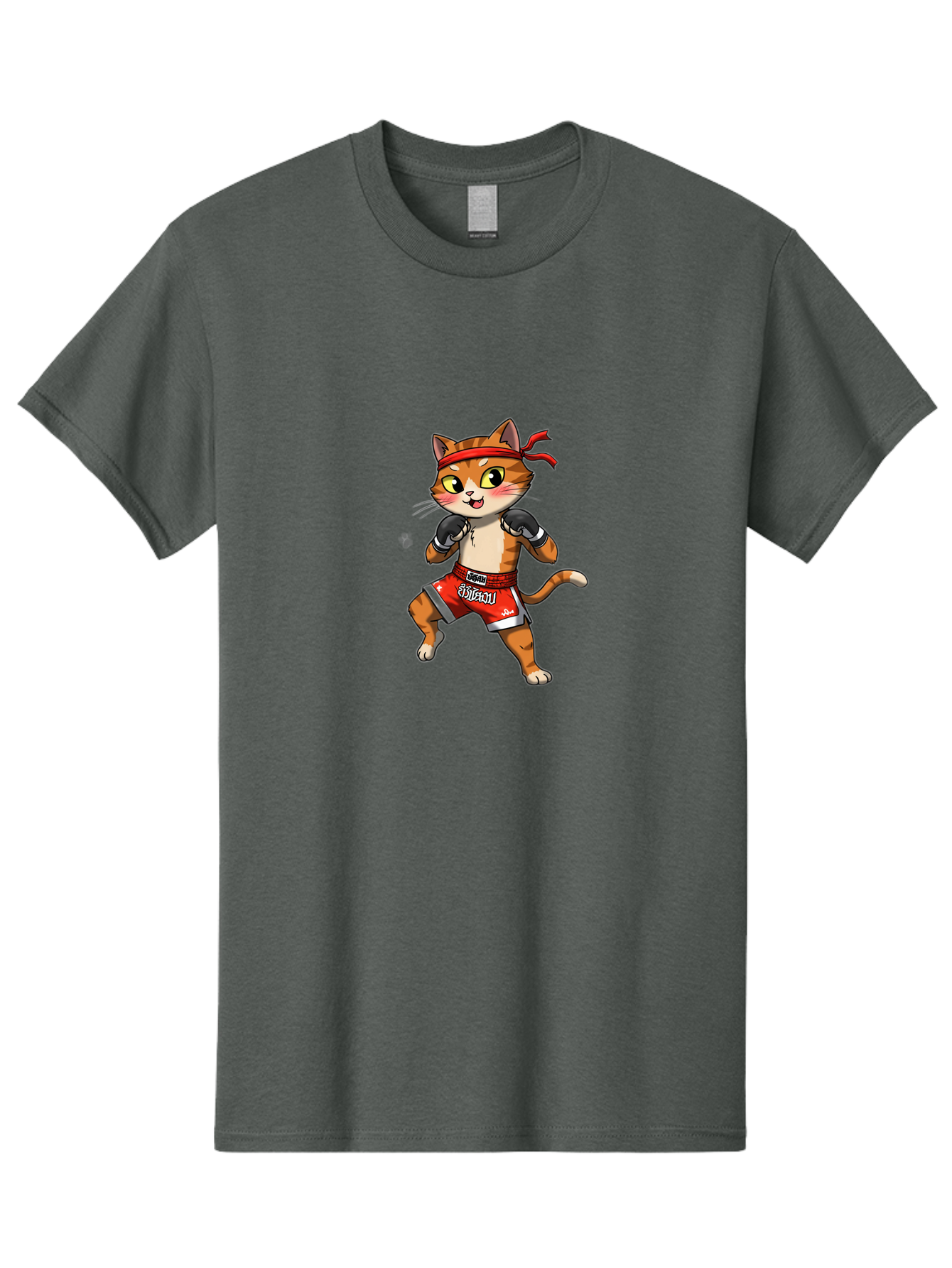 Muay-Thai-Cat-1 Men'S Graphic Tee, 100% Cotton, Comfortable Casual Summer Wear, Machine Washable, Cartoon Cat, Muay Thai Fighter, Boxing Gloves, Red Shorts, Muaythai, Martial Arts, Fighting Stance, Cute Cat, Funny Animal, Cartoon Character Bae548