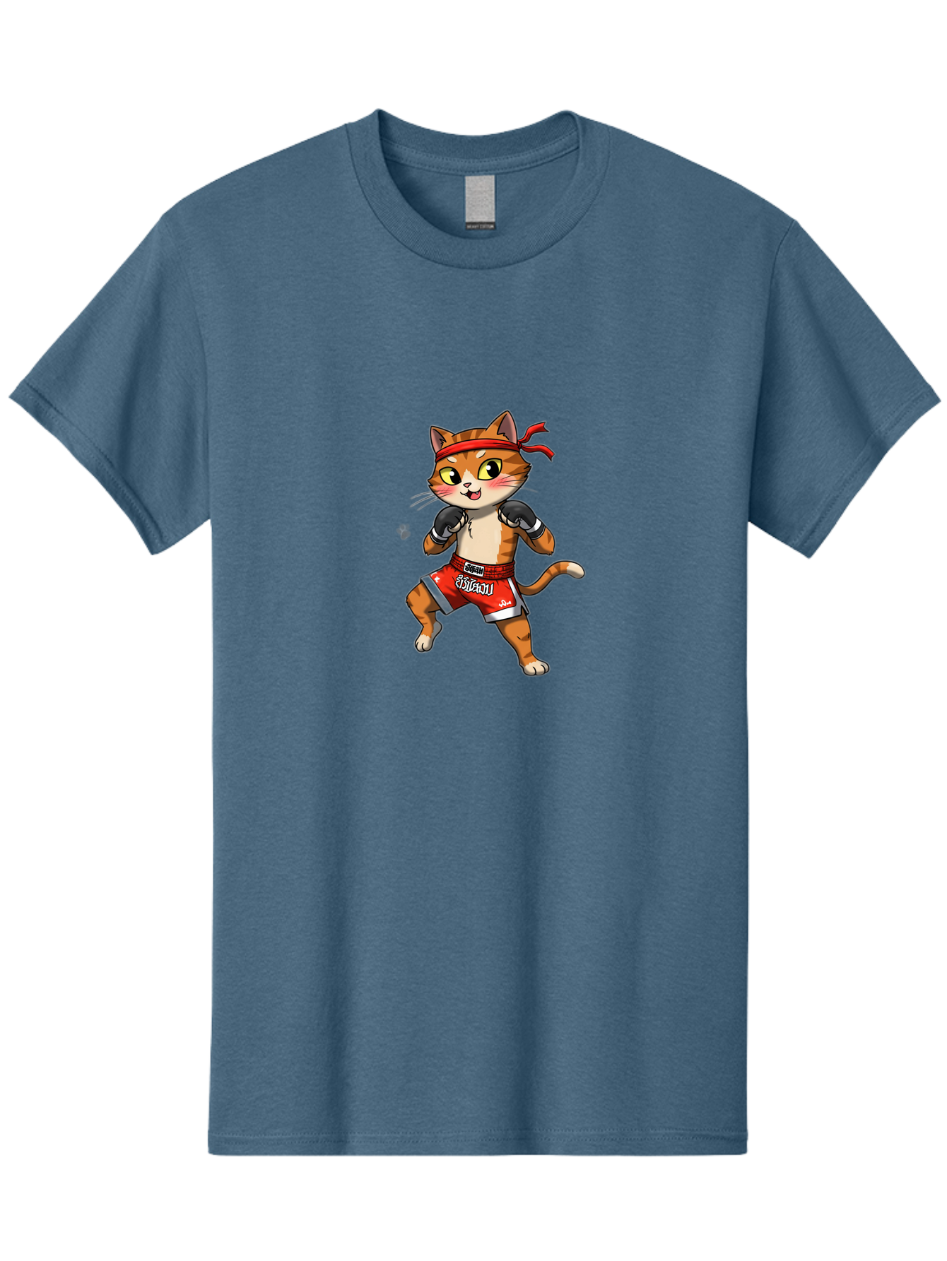 Muay-Thai-Cat-1 Men'S Graphic Tee, 100% Cotton, Comfortable Casual Summer Wear, Machine Washable, Cartoon Cat, Muay Thai Fighter, Boxing Gloves, Red Shorts, Muaythai, Martial Arts, Fighting Stance, Cute Cat, Funny Animal, Cartoon Character Bae548