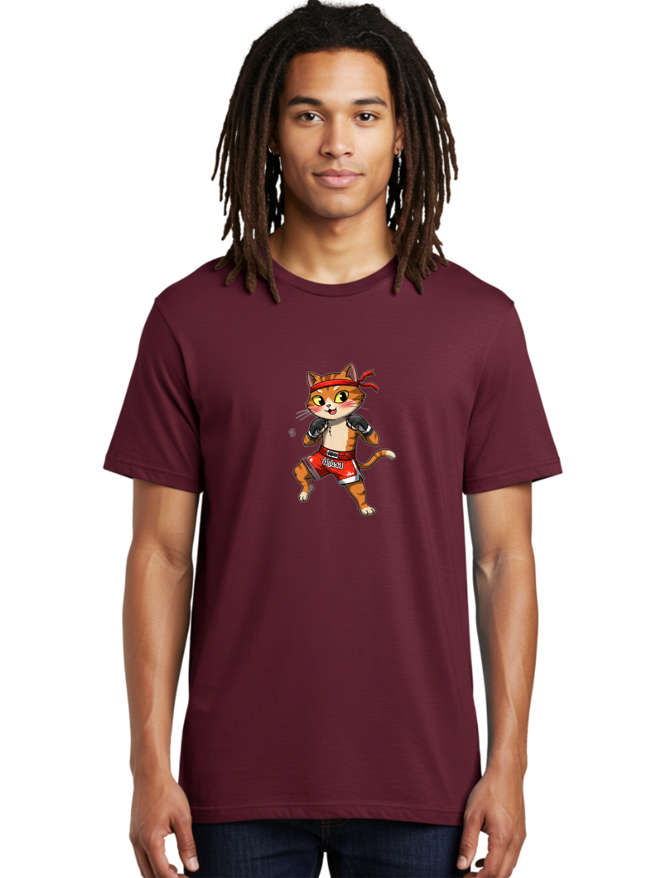 Muay-Thai-Cat-1 Men'S Graphic Tee, 100% Cotton, Comfortable Casual Summer Wear, Machine Washable, Cartoon Cat, Muay Thai Fighter, Boxing Gloves, Red Shorts, Muaythai, Martial Arts, Fighting Stance, Cute Cat, Funny Animal, Cartoon Character Bae548