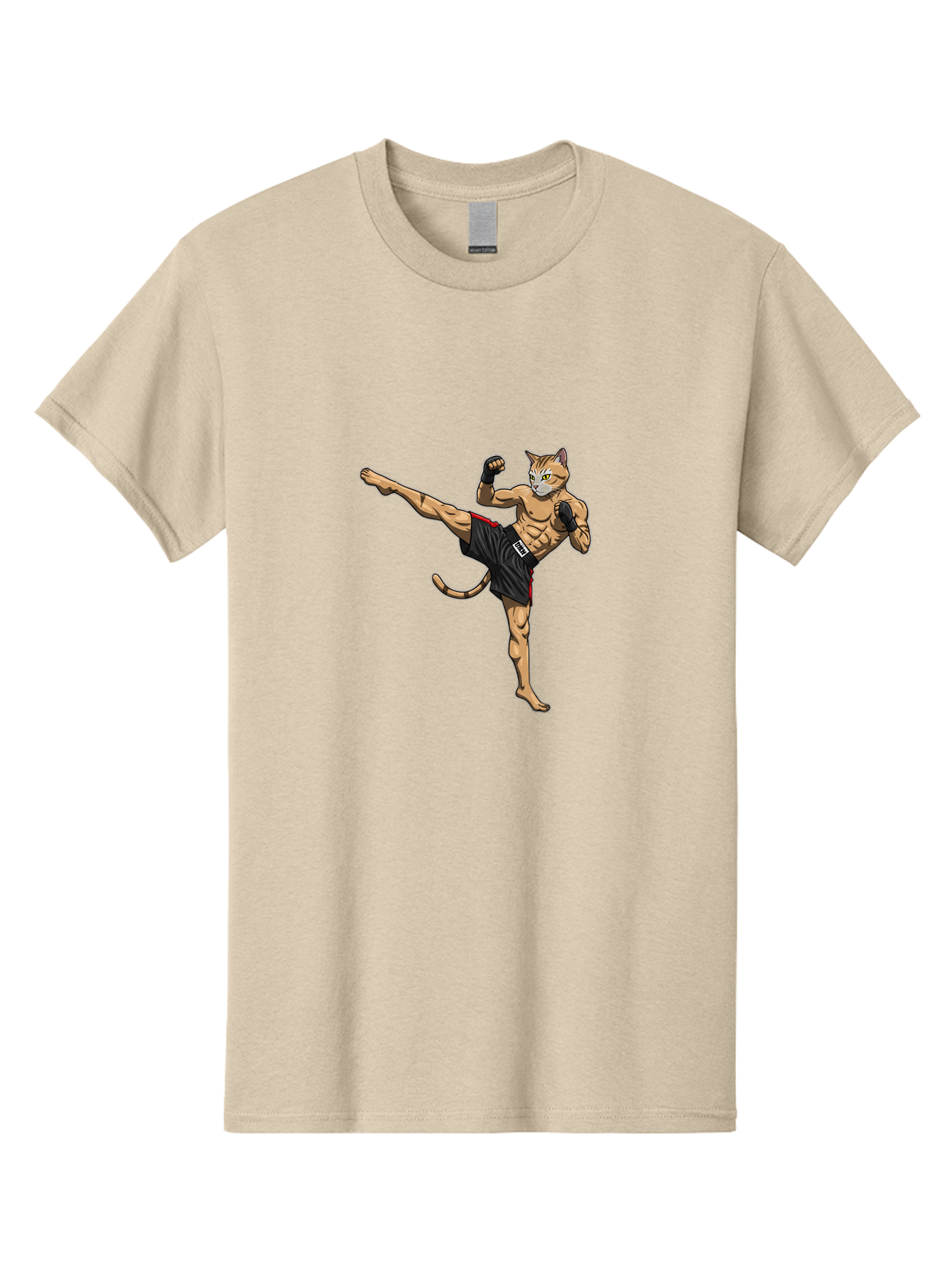 Muay-Thai-Cat-10 Men'S Graphic Tee, 100% Cotton, Comfortable Casual Summer Wear, Machine Washable, Cartoon Cat, Muay Thai Fighter, Martial Arts, Kickboxing, Fighting Stance, Muscular Physique, Boxing Gloves, Red Trim Shorts, Cartoon Character, Bae549