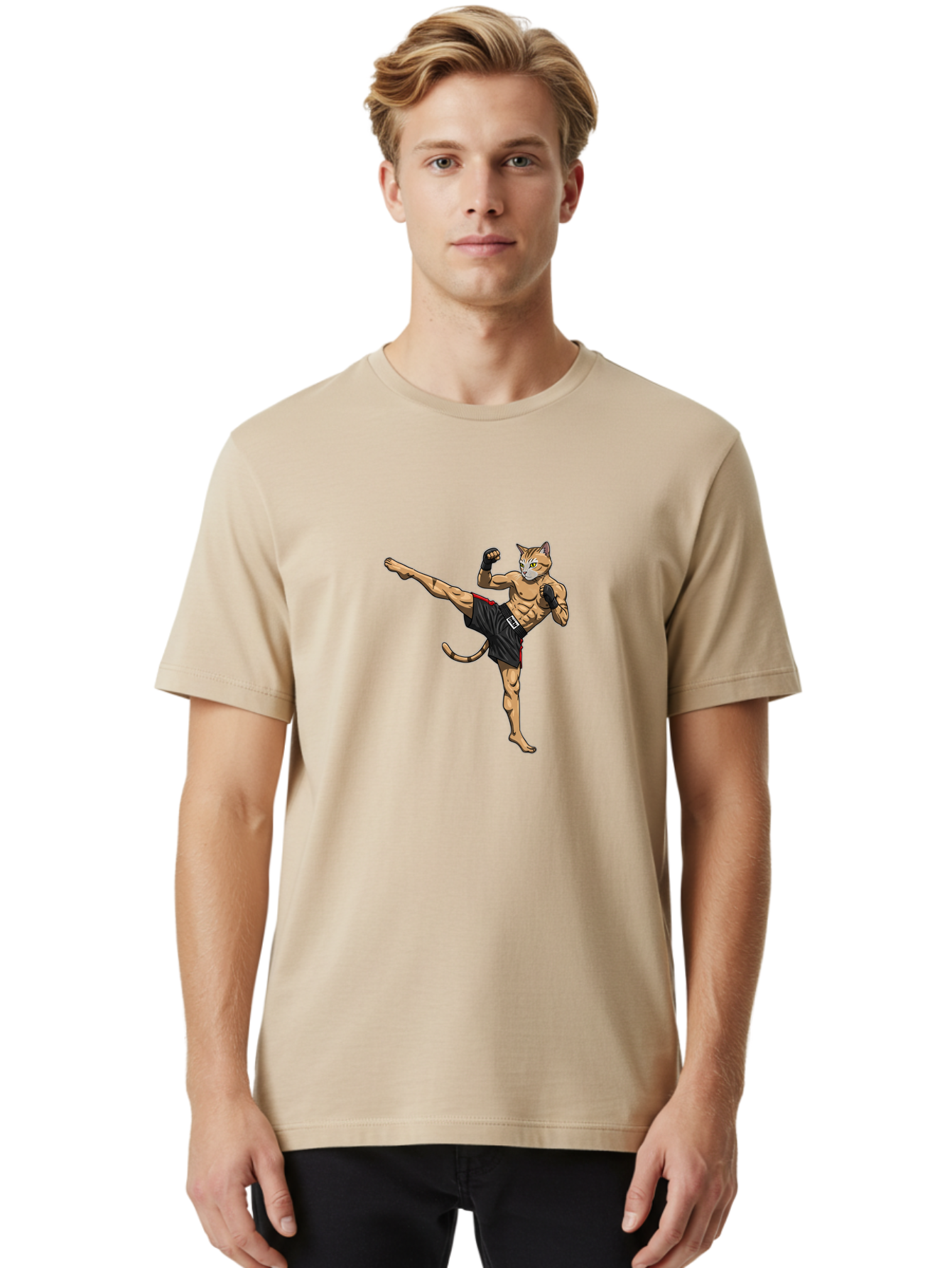 Muay-Thai-Cat-10 Men'S Graphic Tee, 100% Cotton, Comfortable Casual Summer Wear, Machine Washable, Cartoon Cat, Muay Thai Fighter, Martial Arts, Kickboxing, Fighting Stance, Muscular Physique, Boxing Gloves, Red Trim Shorts, Cartoon Character, Bae549