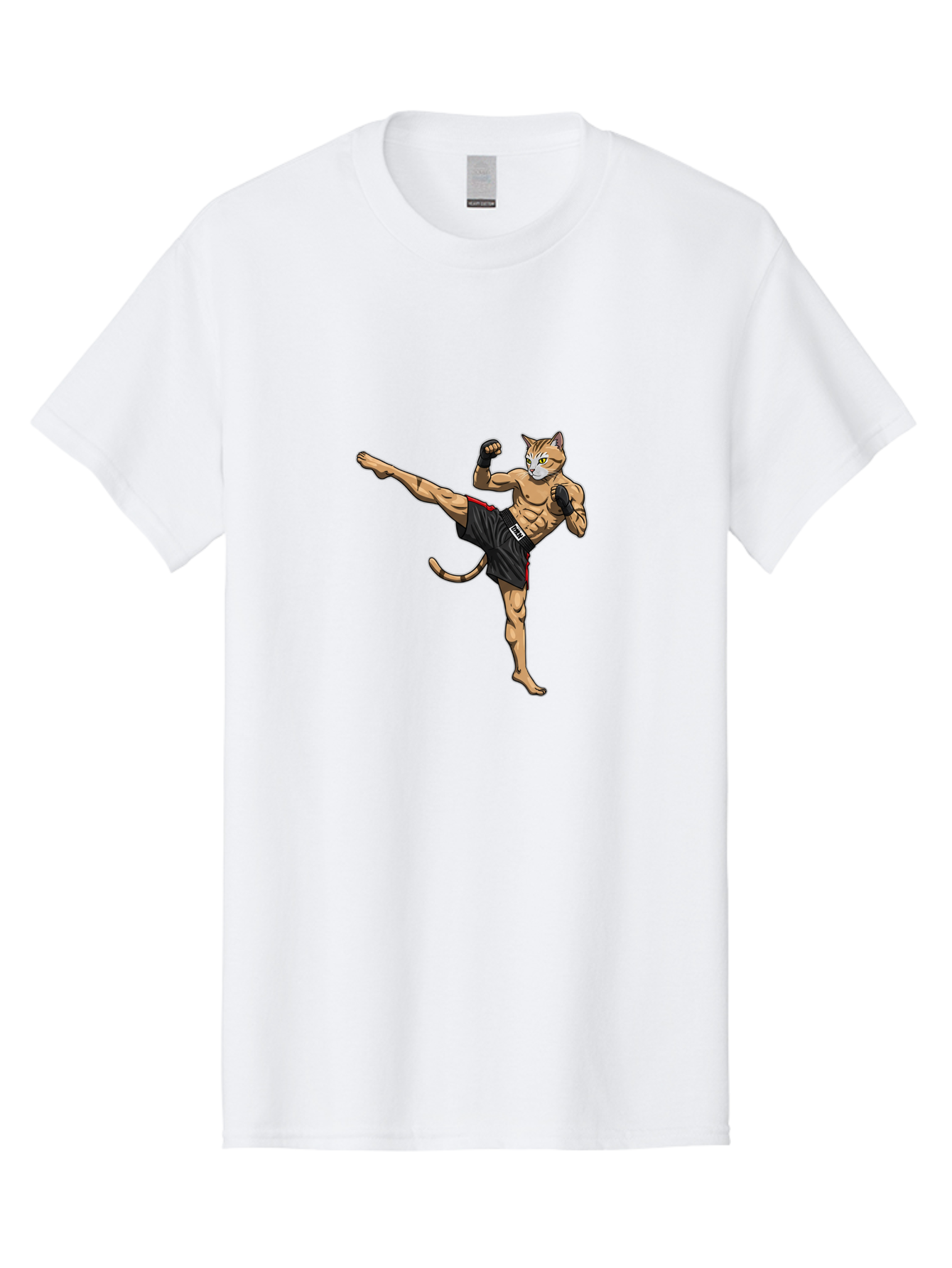 Muay-Thai-Cat-10 Men'S Graphic Tee, 100% Cotton, Comfortable Casual Summer Wear, Machine Washable, Cartoon Cat, Muay Thai Fighter, Martial Arts, Kickboxing, Fighting Stance, Muscular Physique, Boxing Gloves, Red Trim Shorts, Cartoon Character, Bae549