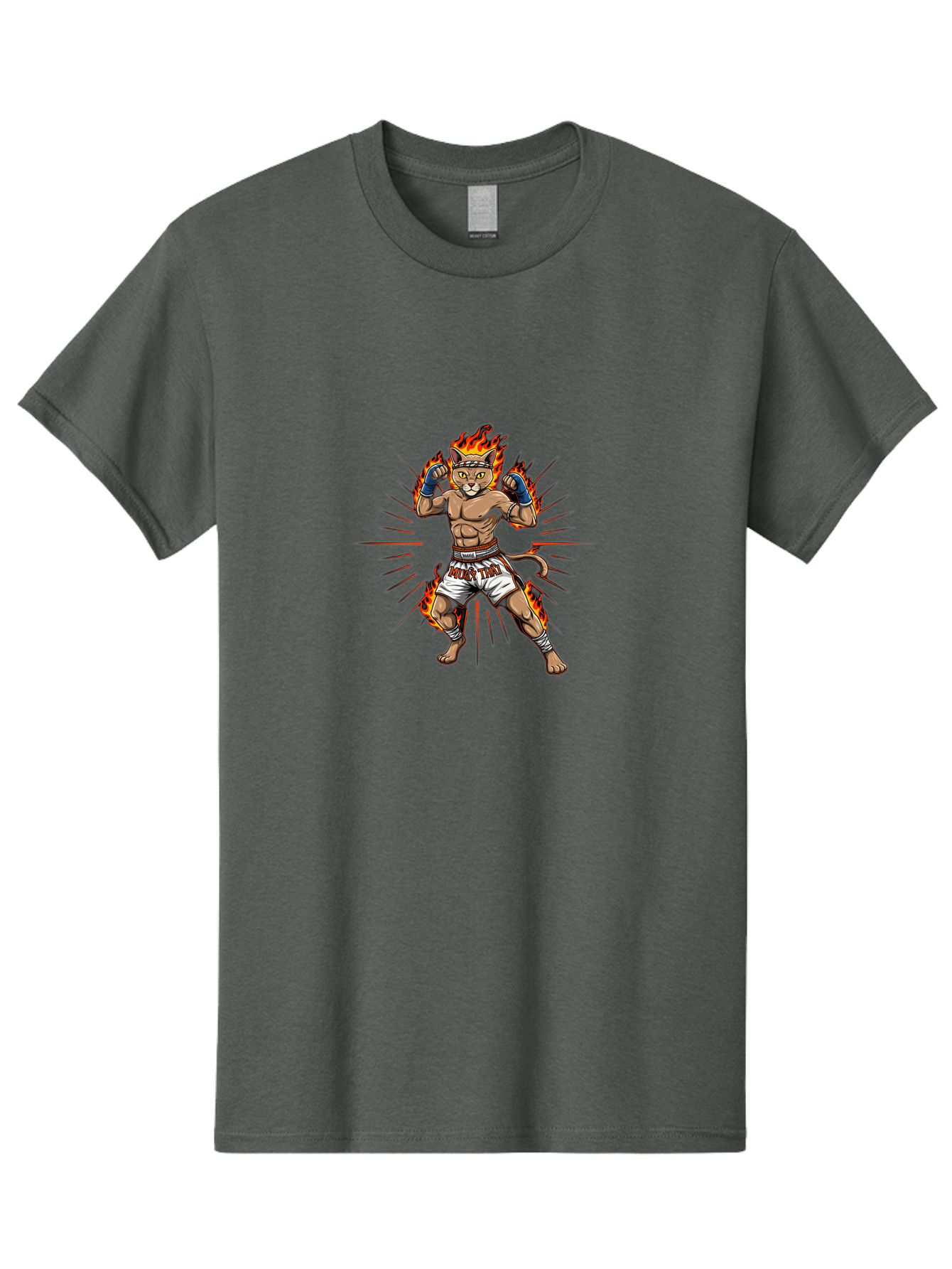 Muay-Thai-Cat-11 Men'S Graphic Tee, 100% Cotton, Comfortable Casual Summer Wear, Machine Washable, Cartoon Cat, Muay Thai Fighter, Boxing Gloves, Fighting Stance, Flames, Action Lines, Cartoon Character, Muscular Physique, Sports Illustration, Bae550