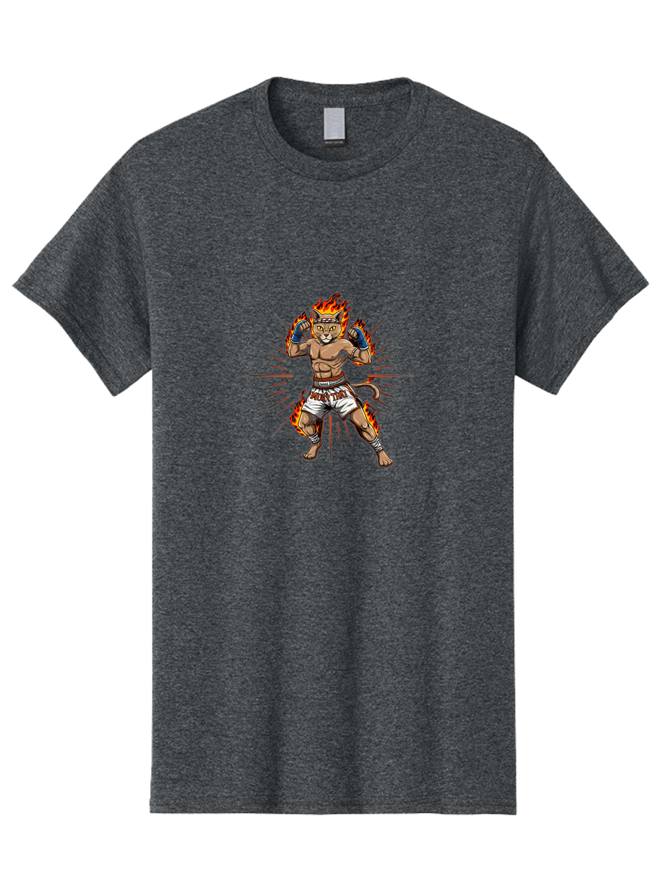 Muay-Thai-Cat-11 Men'S Graphic Tee, 100% Cotton, Comfortable Casual Summer Wear, Machine Washable, Cartoon Cat, Muay Thai Fighter, Boxing Gloves, Fighting Stance, Flames, Action Lines, Cartoon Character, Muscular Physique, Sports Illustration, Bae550