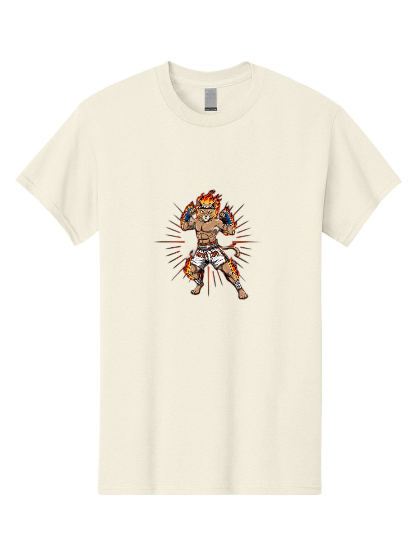 Muay-Thai-Cat-11 Men'S Graphic Tee, 100% Cotton, Comfortable Casual Summer Wear, Machine Washable, Cartoon Cat, Muay Thai Fighter, Boxing Gloves, Fighting Stance, Flames, Action Lines, Cartoon Character, Muscular Physique, Sports Illustration, Bae550