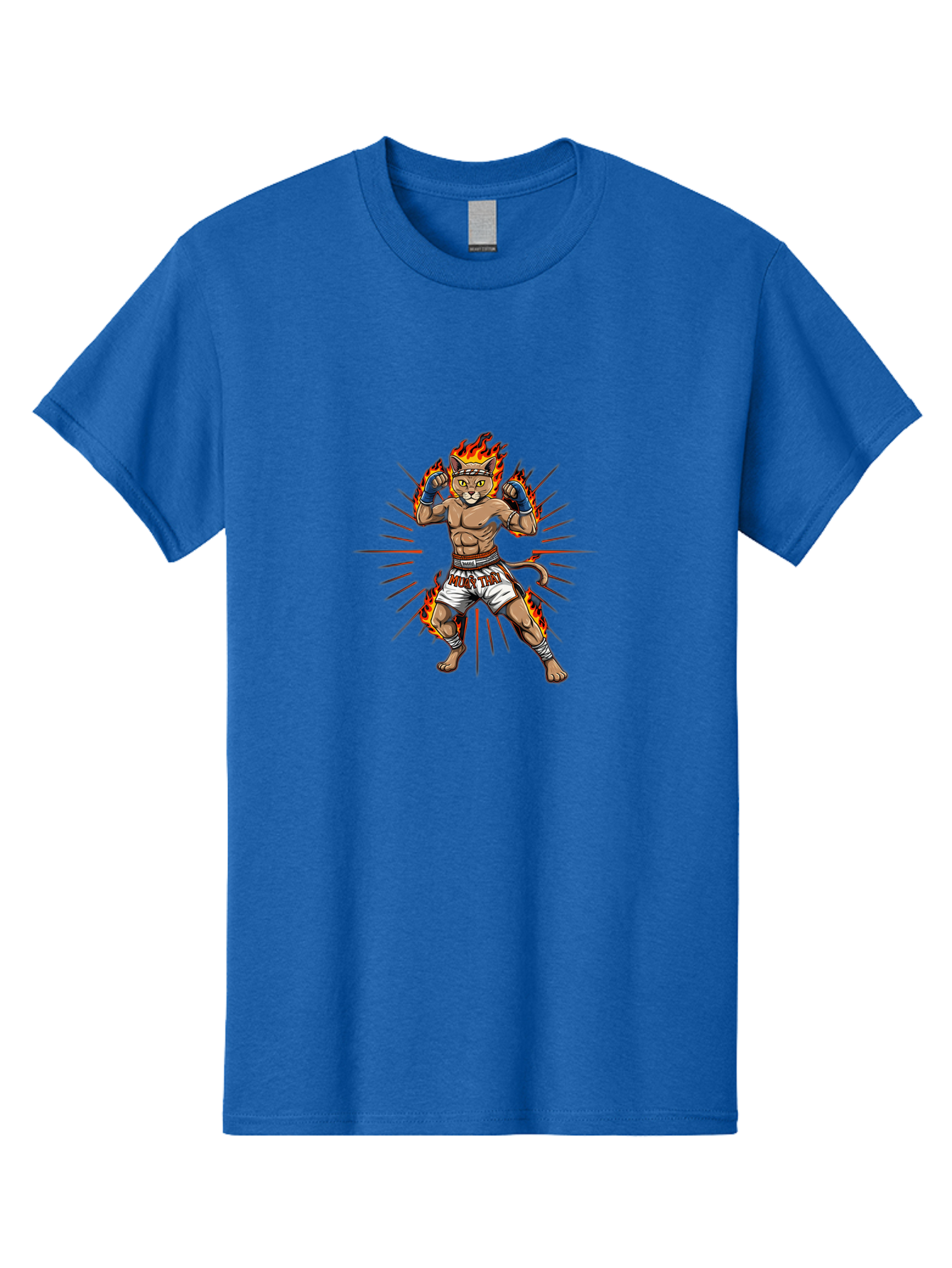 Muay-Thai-Cat-11 Men'S Graphic Tee, 100% Cotton, Comfortable Casual Summer Wear, Machine Washable, Cartoon Cat, Muay Thai Fighter, Boxing Gloves, Fighting Stance, Flames, Action Lines, Cartoon Character, Muscular Physique, Sports Illustration, Bae550