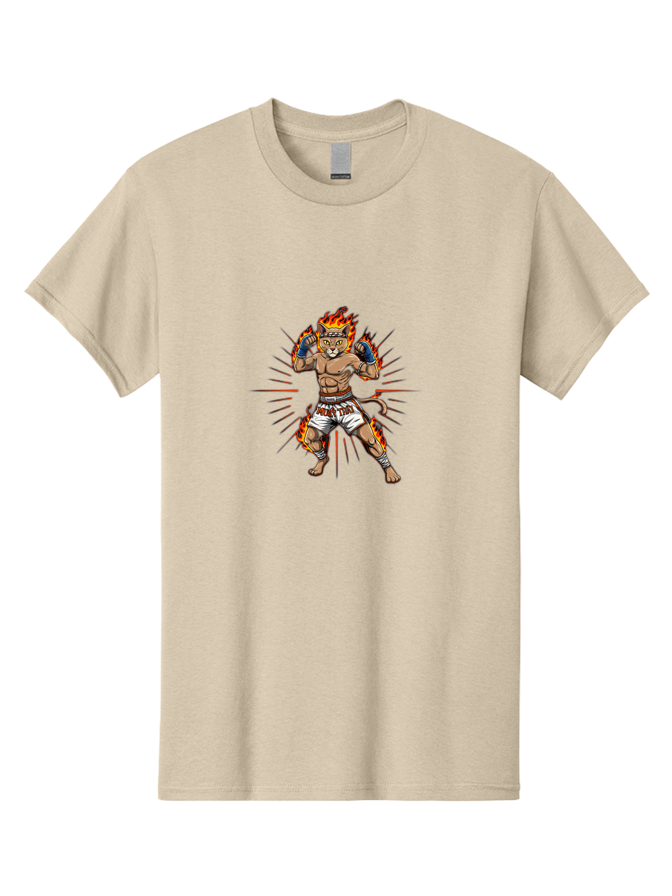 Muay-Thai-Cat-11 Men'S Graphic Tee, 100% Cotton, Comfortable Casual Summer Wear, Machine Washable, Cartoon Cat, Muay Thai Fighter, Boxing Gloves, Fighting Stance, Flames, Action Lines, Cartoon Character, Muscular Physique, Sports Illustration, Bae550