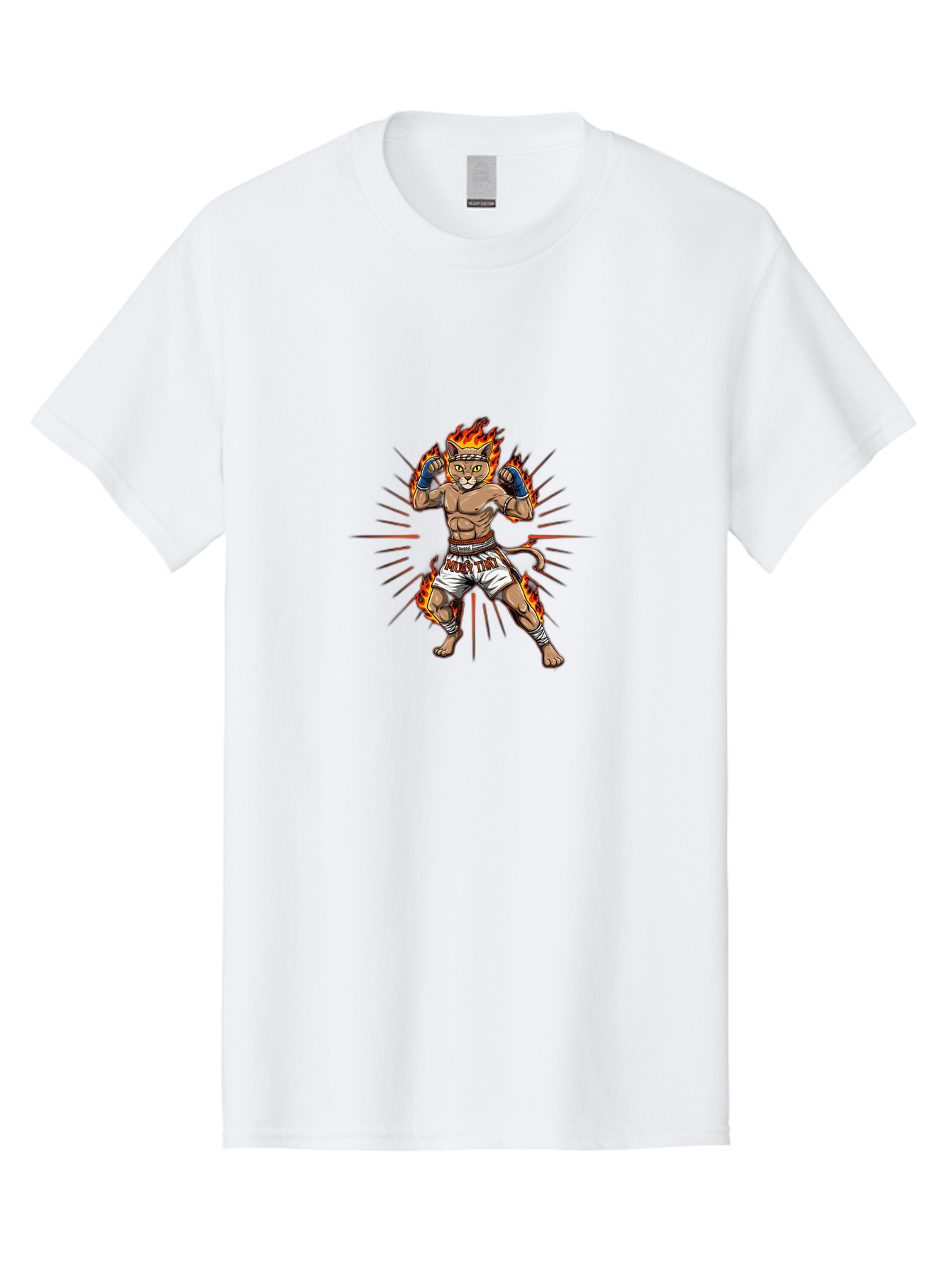 Muay-Thai-Cat-11 Men'S Graphic Tee, 100% Cotton, Comfortable Casual Summer Wear, Machine Washable, Cartoon Cat, Muay Thai Fighter, Boxing Gloves, Fighting Stance, Flames, Action Lines, Cartoon Character, Muscular Physique, Sports Illustration, Bae550