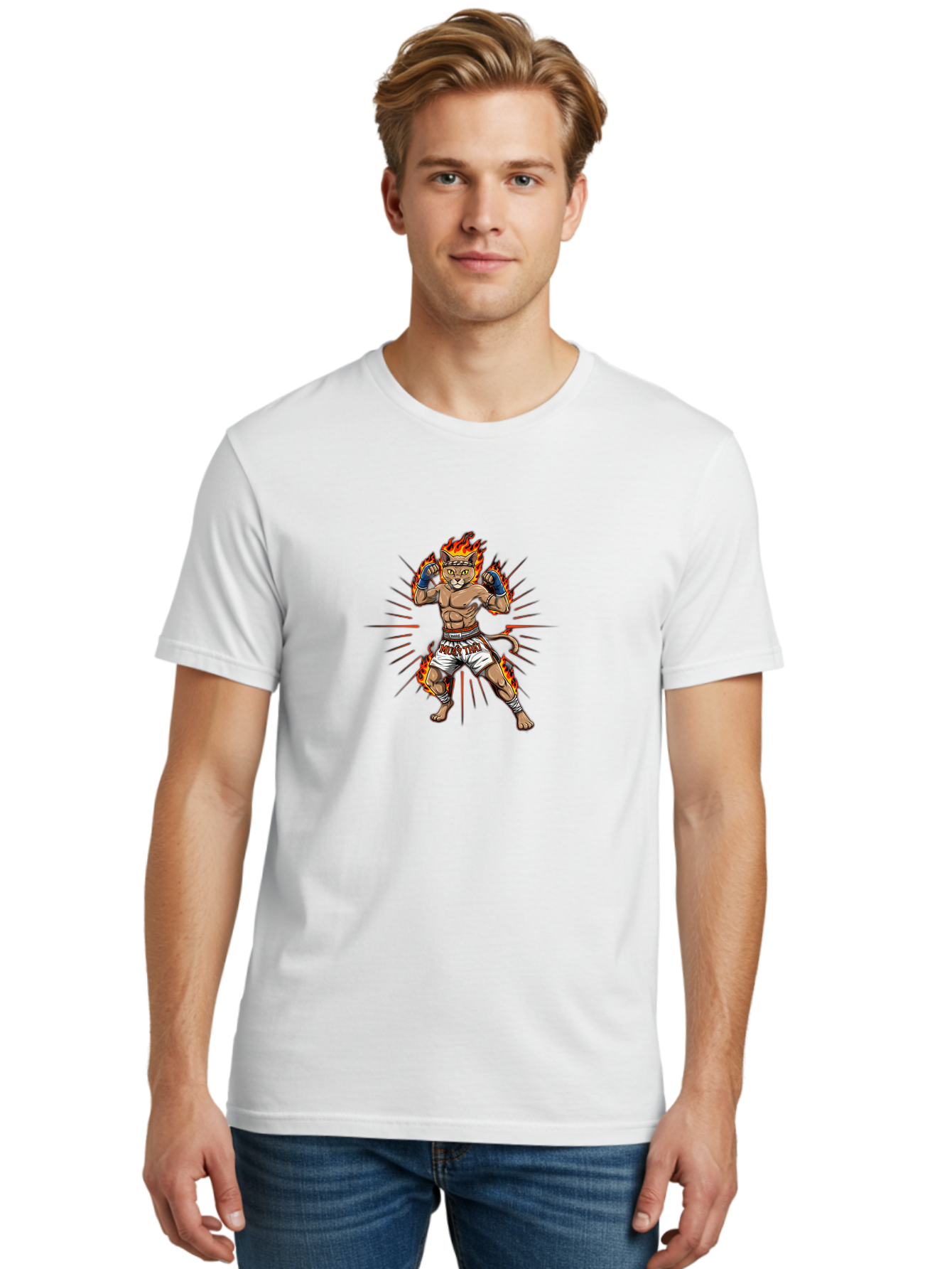 Muay-Thai-Cat-11 Men'S Graphic Tee, 100% Cotton, Comfortable Casual Summer Wear, Machine Washable, Cartoon Cat, Muay Thai Fighter, Boxing Gloves, Fighting Stance, Flames, Action Lines, Cartoon Character, Muscular Physique, Sports Illustration, Bae550