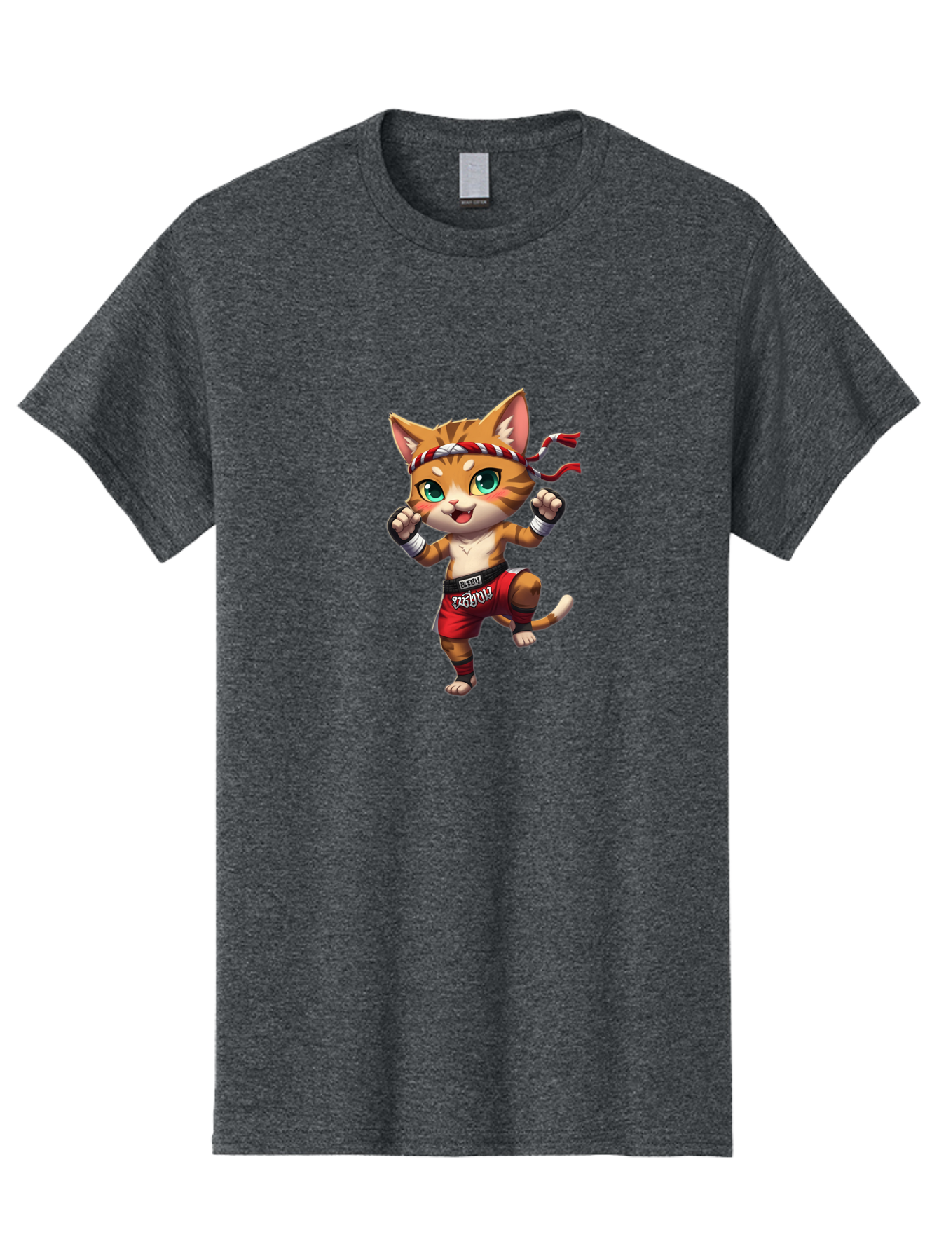 Muay-Thai-Cat-2 Men'S Graphic Tee, 100% Cotton, Comfortable Casual Summer Wear, Machine Washable, Cartoon Cat, Martial Arts, Fighting Stance, Red Shorts, Headband, White Wraps, Cartoon Character, Muay Thai, Red Power, Thai Boxing Bae551