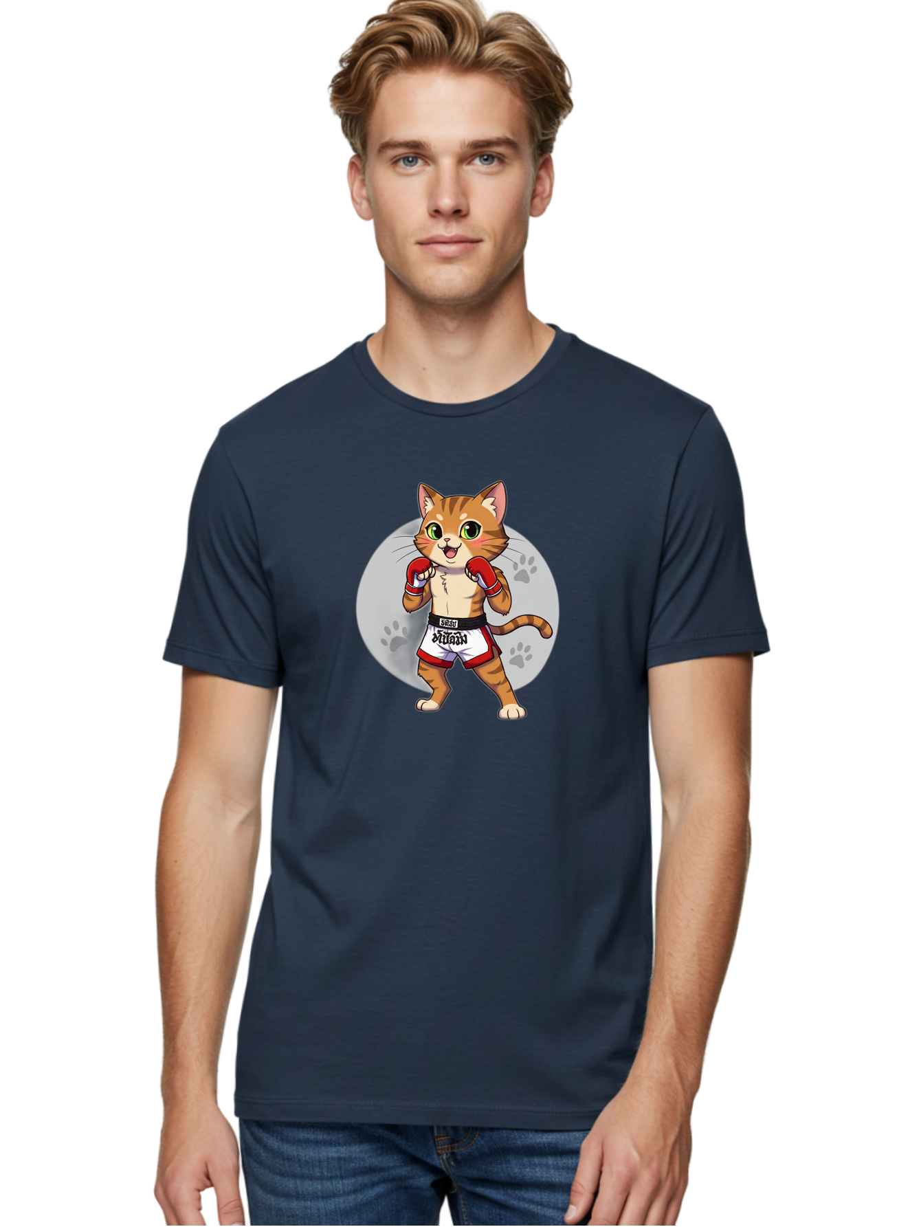 Muay-Thai-Cat-3 Men'S Graphic Tee, 100% Cotton, Comfortable Casual Summer Wear, Machine Washable, Cartoon Cat, Muay Thai Fighter, Boxing Gloves, Martial Arts, Animal Athlete, Boxing Shorts, Muay, Kitty, Fighting Cat, Boxing Cat, Muay Thai Cat Bae552