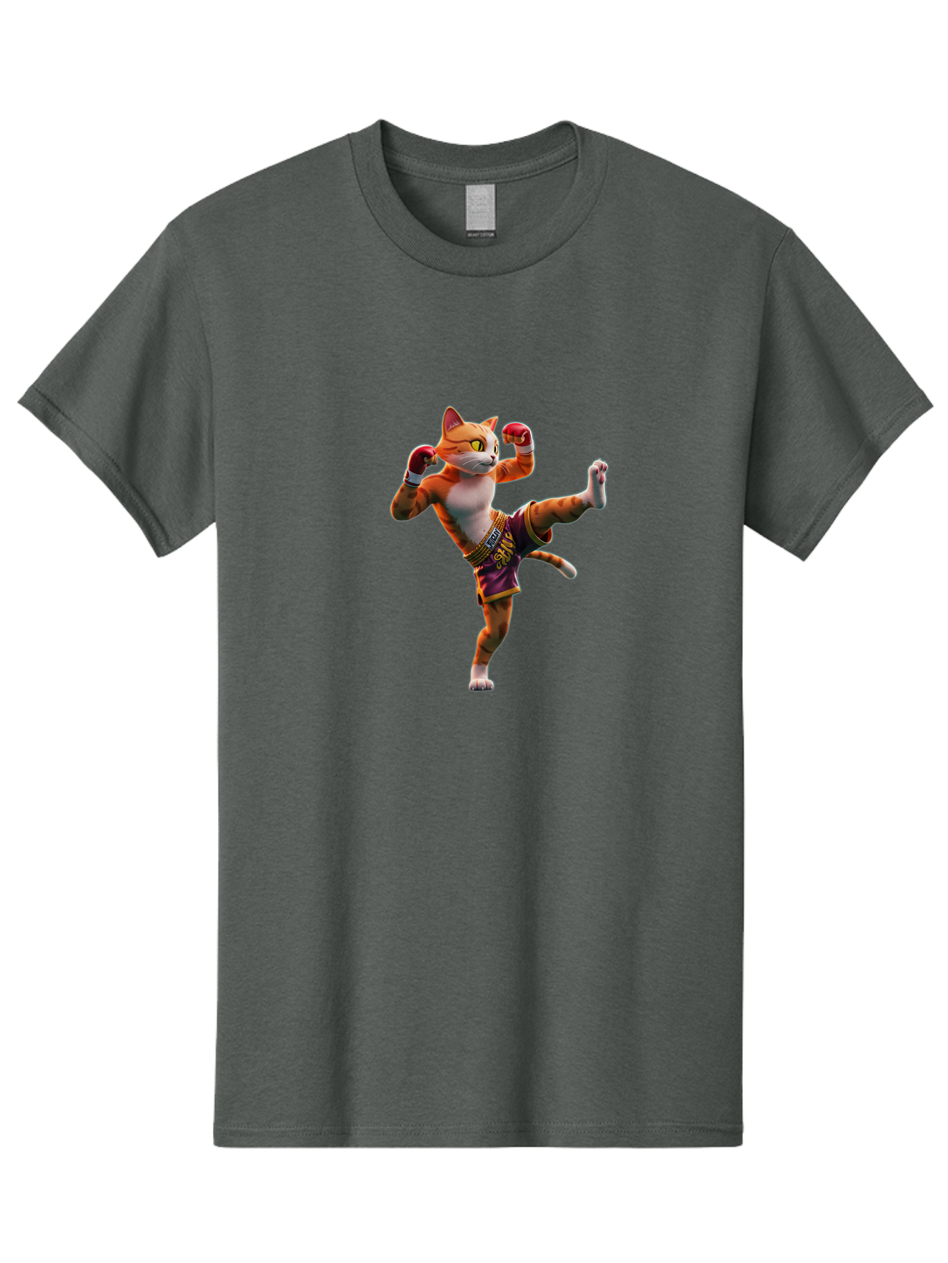 Muay-Thai-Cat-4 Men'S Graphic Tee, 100% Cotton, Comfortable Casual Summer Wear, Machine Washable, Cartoon Cat, Muay Thai Fighter, Martial Arts, Boxing Gloves, Fighting Stance, Dynamic Pose, Orange Tabby Cat, Whimsical Character, Combat Sports, Bae553