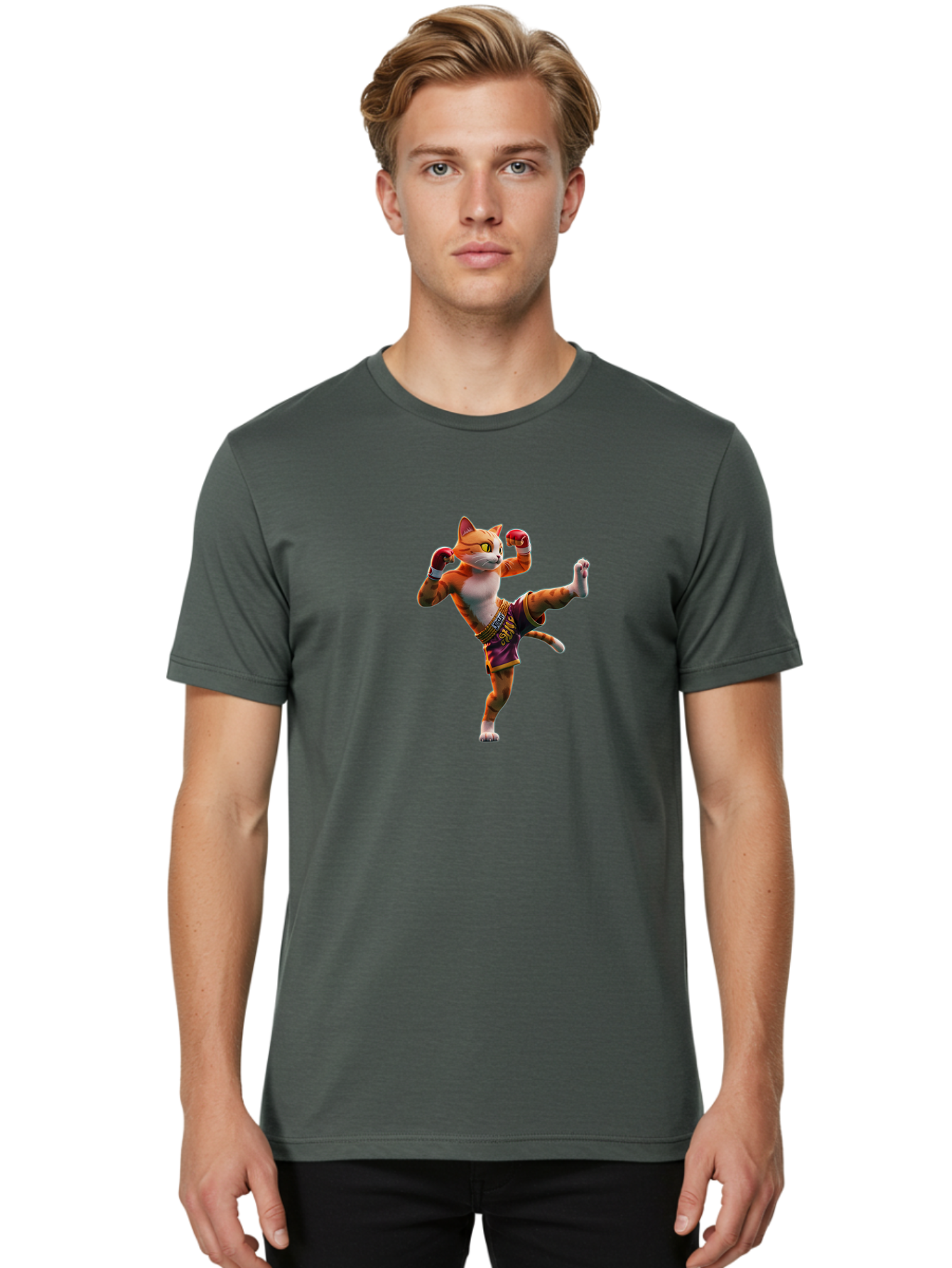 Muay-Thai-Cat-4 Men'S Graphic Tee, 100% Cotton, Comfortable Casual Summer Wear, Machine Washable, Cartoon Cat, Muay Thai Fighter, Martial Arts, Boxing Gloves, Fighting Stance, Dynamic Pose, Orange Tabby Cat, Whimsical Character, Combat Sports, Bae553
