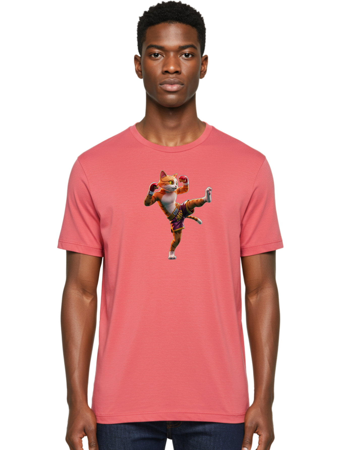 Muay-Thai-Cat-4 Men'S Graphic Tee, 100% Cotton, Comfortable Casual Summer Wear, Machine Washable, Cartoon Cat, Muay Thai Fighter, Martial Arts, Boxing Gloves, Fighting Stance, Dynamic Pose, Orange Tabby Cat, Whimsical Character, Combat Sports, Bae553