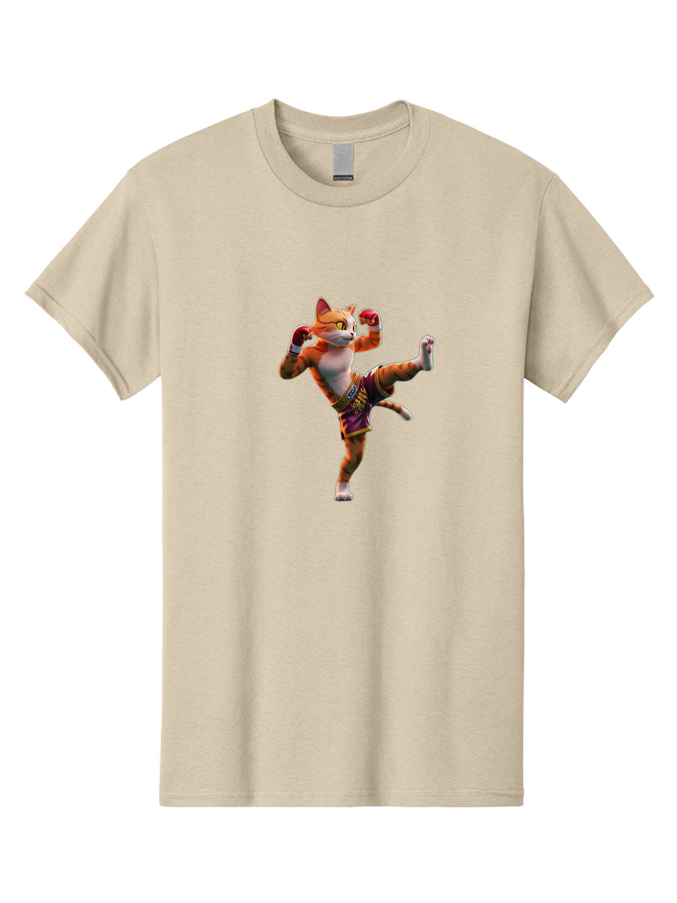 Muay-Thai-Cat-4 Men'S Graphic Tee, 100% Cotton, Comfortable Casual Summer Wear, Machine Washable, Cartoon Cat, Muay Thai Fighter, Martial Arts, Boxing Gloves, Fighting Stance, Dynamic Pose, Orange Tabby Cat, Whimsical Character, Combat Sports, Bae553