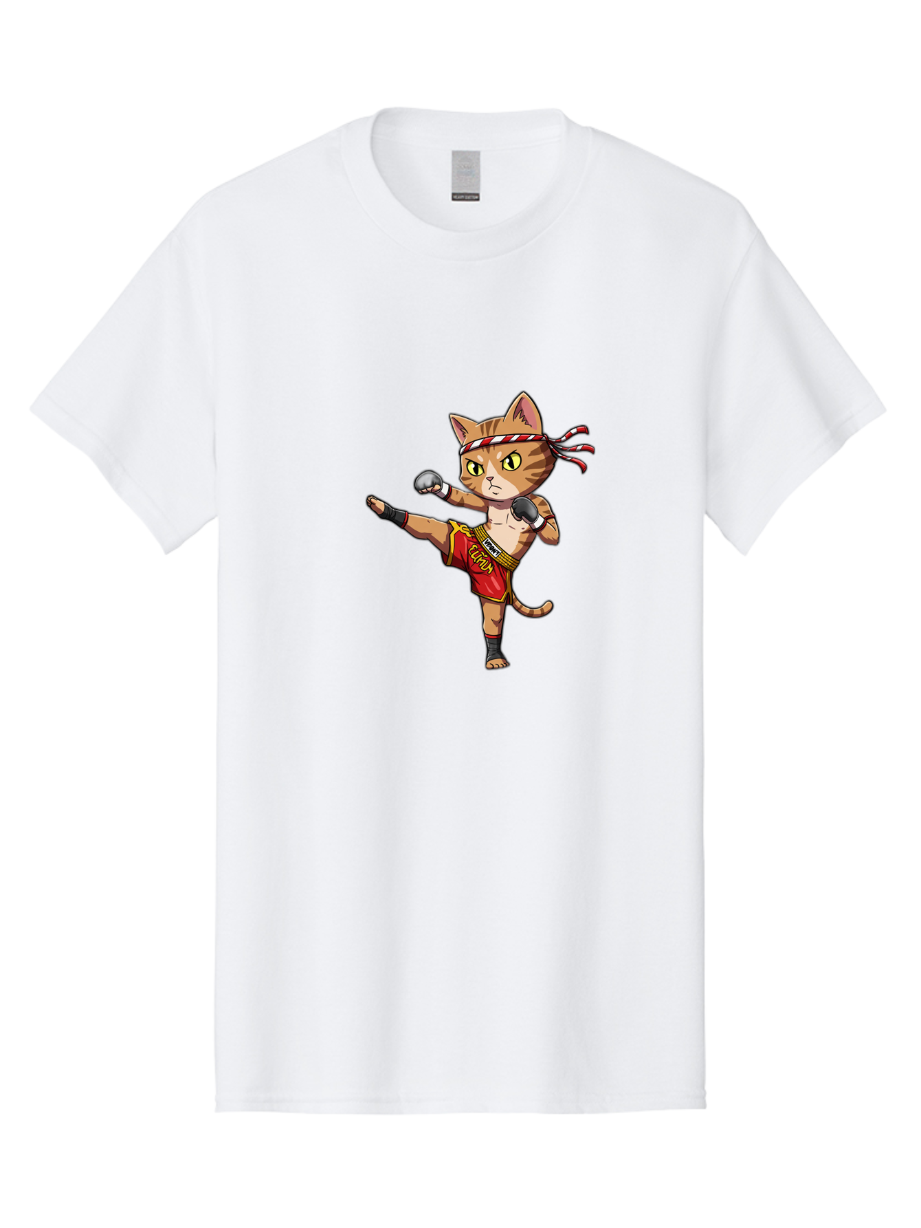 Muay-Thai-Cat-5 Men'S Graphic Tee, 100% Cotton, Comfortable Casual Summer Wear, Machine Washable, Cartoon Cat, Muay Thai Fighter, Martial Arts, Kickboxing, Cat Illustration, Fitness Cat, Muay Thai Kitty, Cartoon Character, Fighting Cat, Bae554