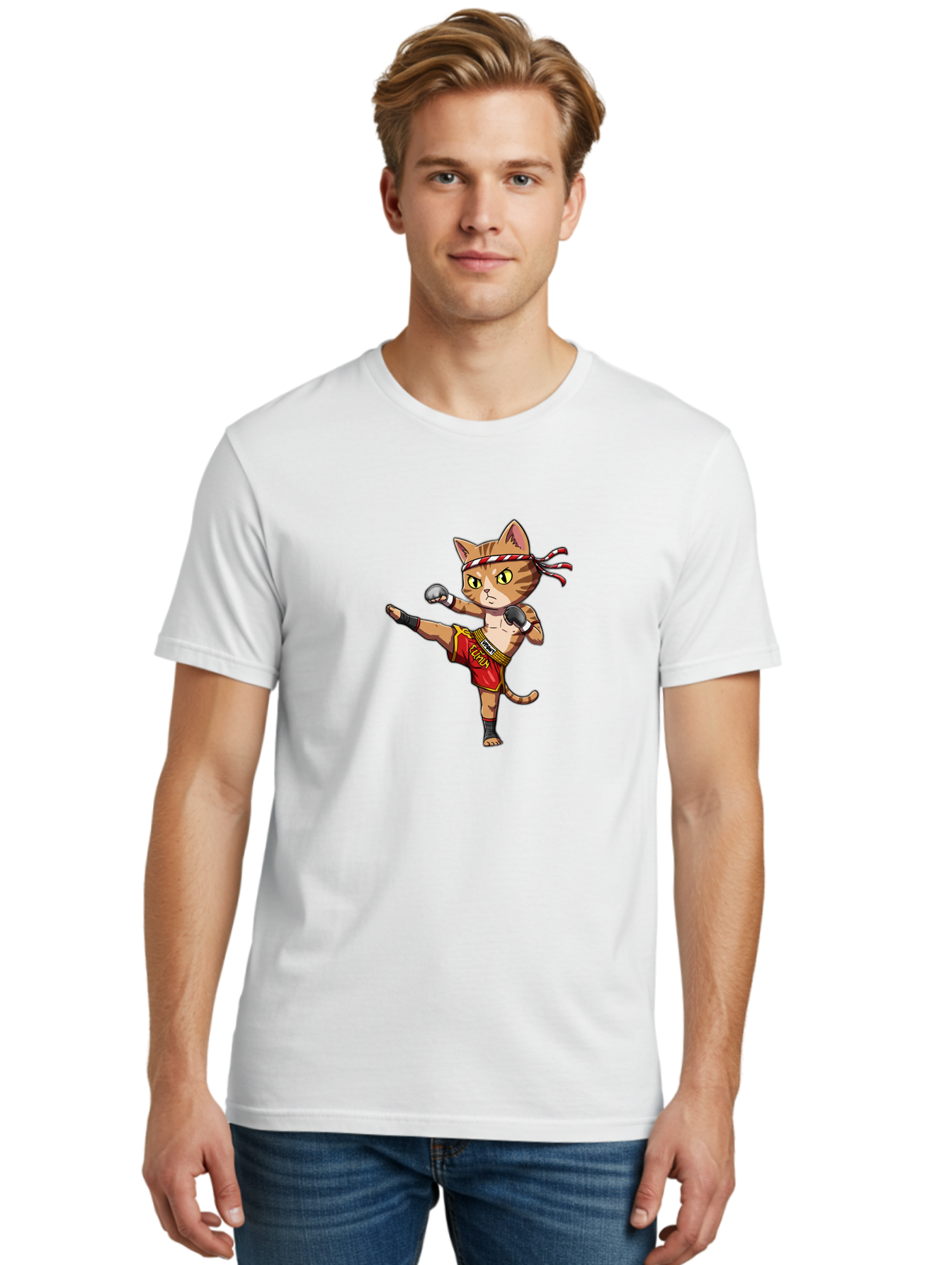 Muay-Thai-Cat-5 Men'S Graphic Tee, 100% Cotton, Comfortable Casual Summer Wear, Machine Washable, Cartoon Cat, Muay Thai Fighter, Martial Arts, Kickboxing, Cat Illustration, Fitness Cat, Muay Thai Kitty, Cartoon Character, Fighting Cat, Bae554