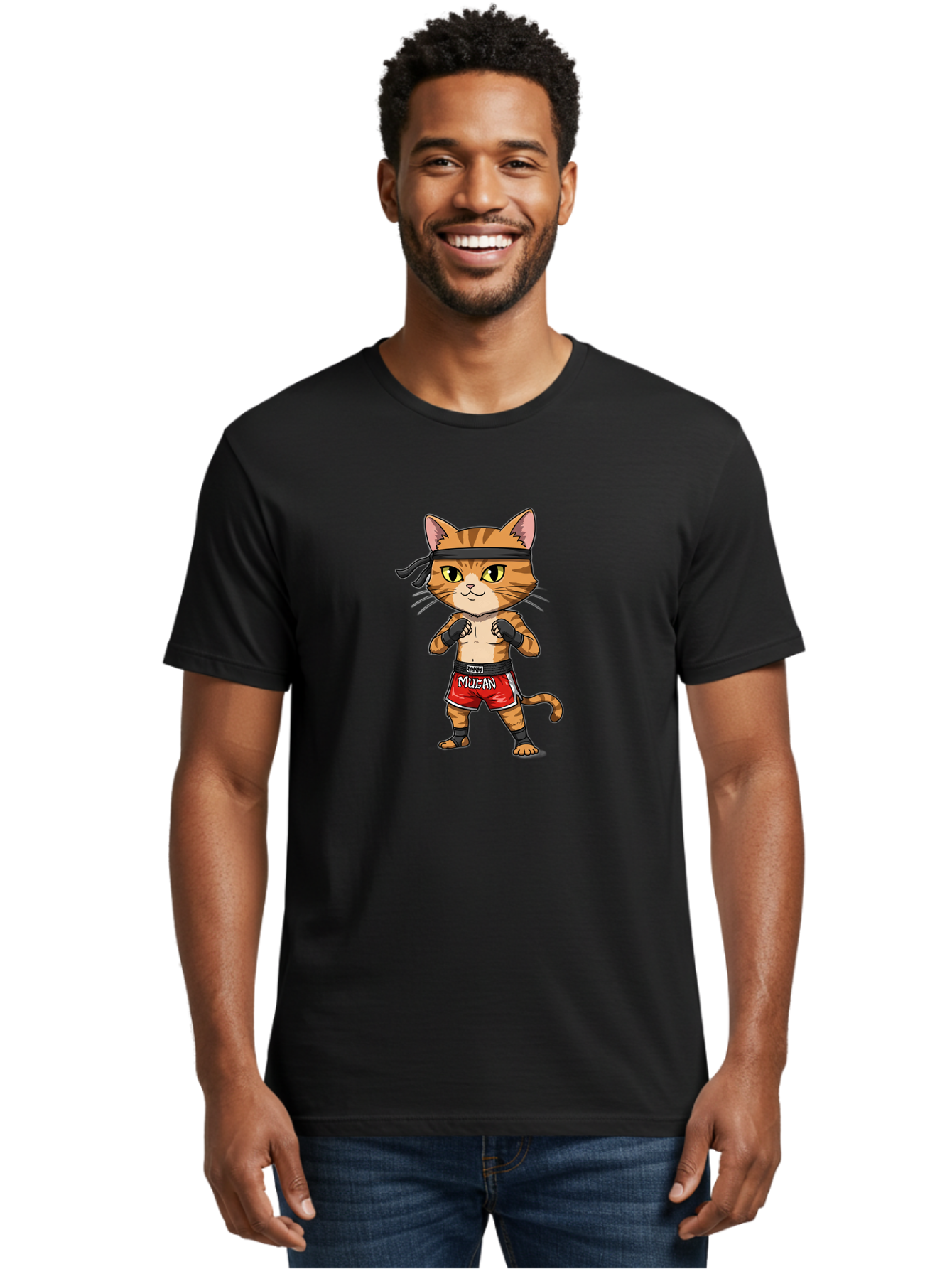 Muay-Thai-Cat-6 Men'S Graphic Tee, 100% Cotton, Comfortable Casual Summer Wear, Machine Washable, Cartoon Cat, Muay Thai Fighter, Red Shorts, Black Headband, Boxing Gloves, Combat Sports, Martial Arts, Cute Animal, Fighting Stance, Bae555