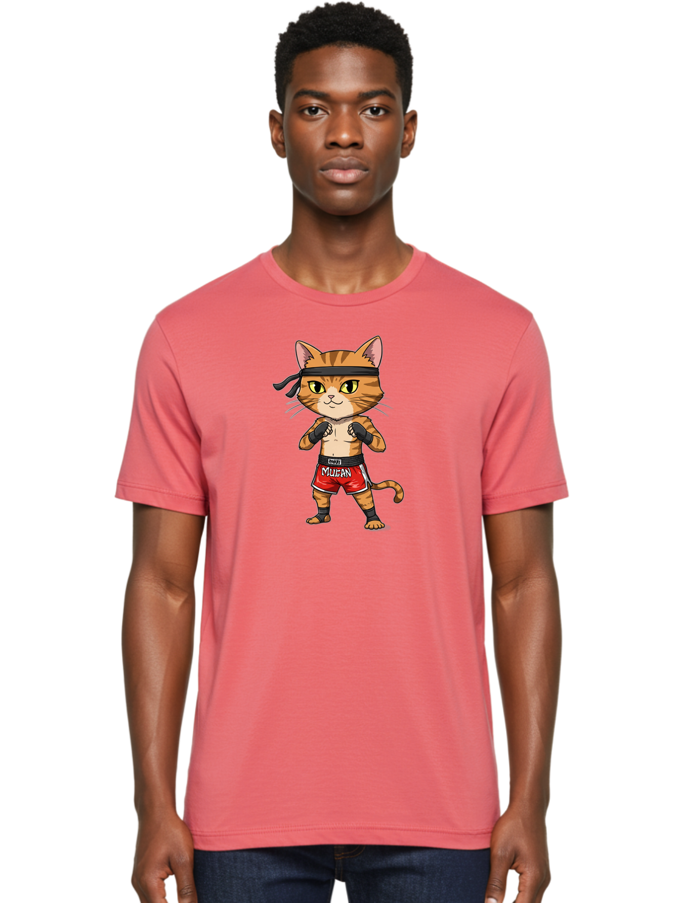 Muay-Thai-Cat-6 Men'S Graphic Tee, 100% Cotton, Comfortable Casual Summer Wear, Machine Washable, Cartoon Cat, Muay Thai Fighter, Red Shorts, Black Headband, Boxing Gloves, Combat Sports, Martial Arts, Cute Animal, Fighting Stance, Bae555