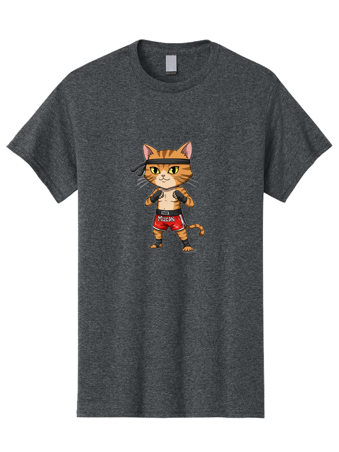 Muay-Thai-Cat-6 Men'S Graphic Tee, 100% Cotton, Comfortable Casual Summer Wear, Machine Washable, Cartoon Cat, Muay Thai Fighter, Red Shorts, Black Headband, Boxing Gloves, Combat Sports, Martial Arts, Cute Animal, Fighting Stance, Bae555