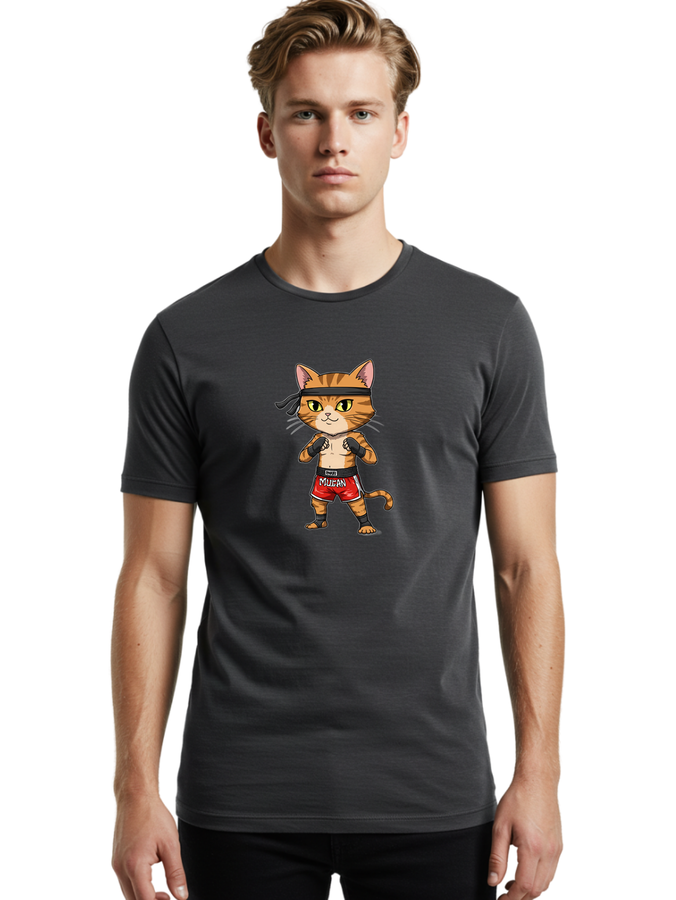 Muay-Thai-Cat-6 Men'S Graphic Tee, 100% Cotton, Comfortable Casual Summer Wear, Machine Washable, Cartoon Cat, Muay Thai Fighter, Red Shorts, Black Headband, Boxing Gloves, Combat Sports, Martial Arts, Cute Animal, Fighting Stance, Bae555