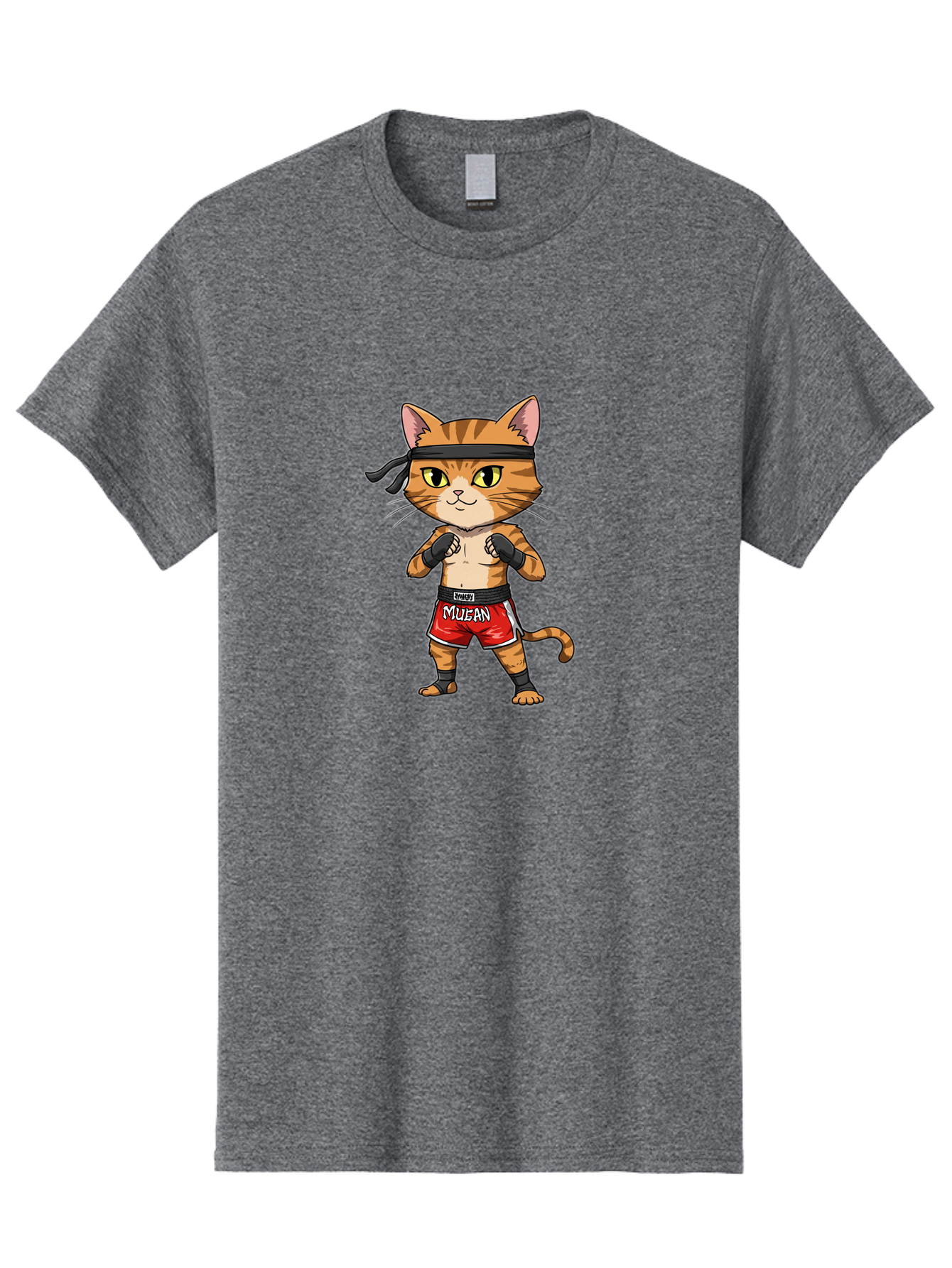 Muay-Thai-Cat-6 Men'S Graphic Tee, 100% Cotton, Comfortable Casual Summer Wear, Machine Washable, Cartoon Cat, Muay Thai Fighter, Red Shorts, Black Headband, Boxing Gloves, Combat Sports, Martial Arts, Cute Animal, Fighting Stance, Bae555