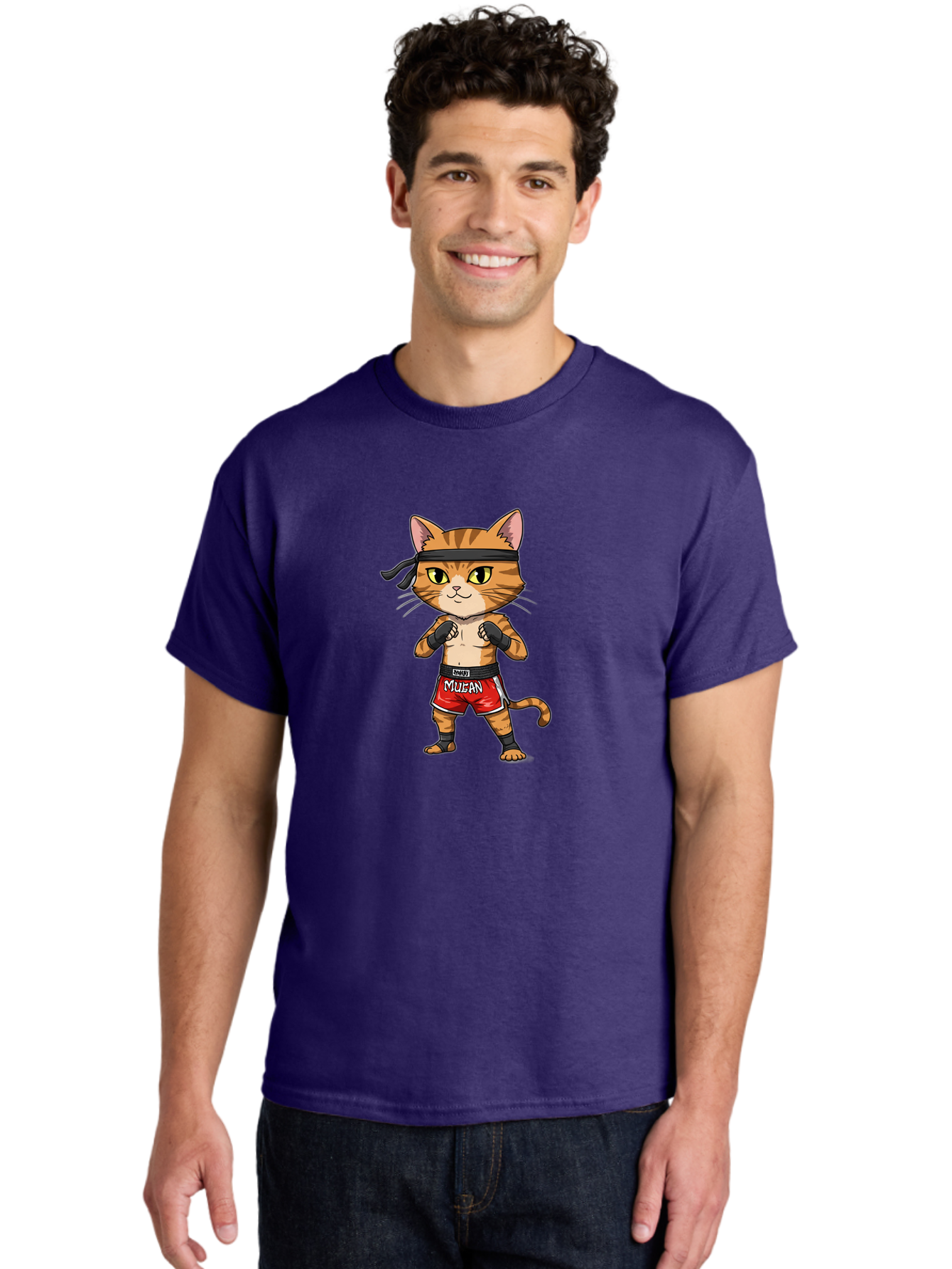 Muay-Thai-Cat-6 Men'S Graphic Tee, 100% Cotton, Comfortable Casual Summer Wear, Machine Washable, Cartoon Cat, Muay Thai Fighter, Red Shorts, Black Headband, Boxing Gloves, Combat Sports, Martial Arts, Cute Animal, Fighting Stance, Bae555