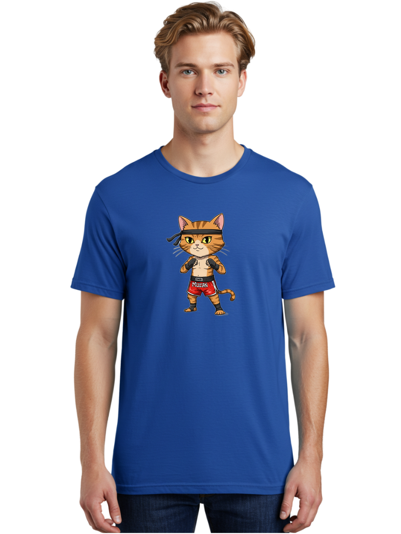 Muay-Thai-Cat-6 Men'S Graphic Tee, 100% Cotton, Comfortable Casual Summer Wear, Machine Washable, Cartoon Cat, Muay Thai Fighter, Red Shorts, Black Headband, Boxing Gloves, Combat Sports, Martial Arts, Cute Animal, Fighting Stance, Bae555