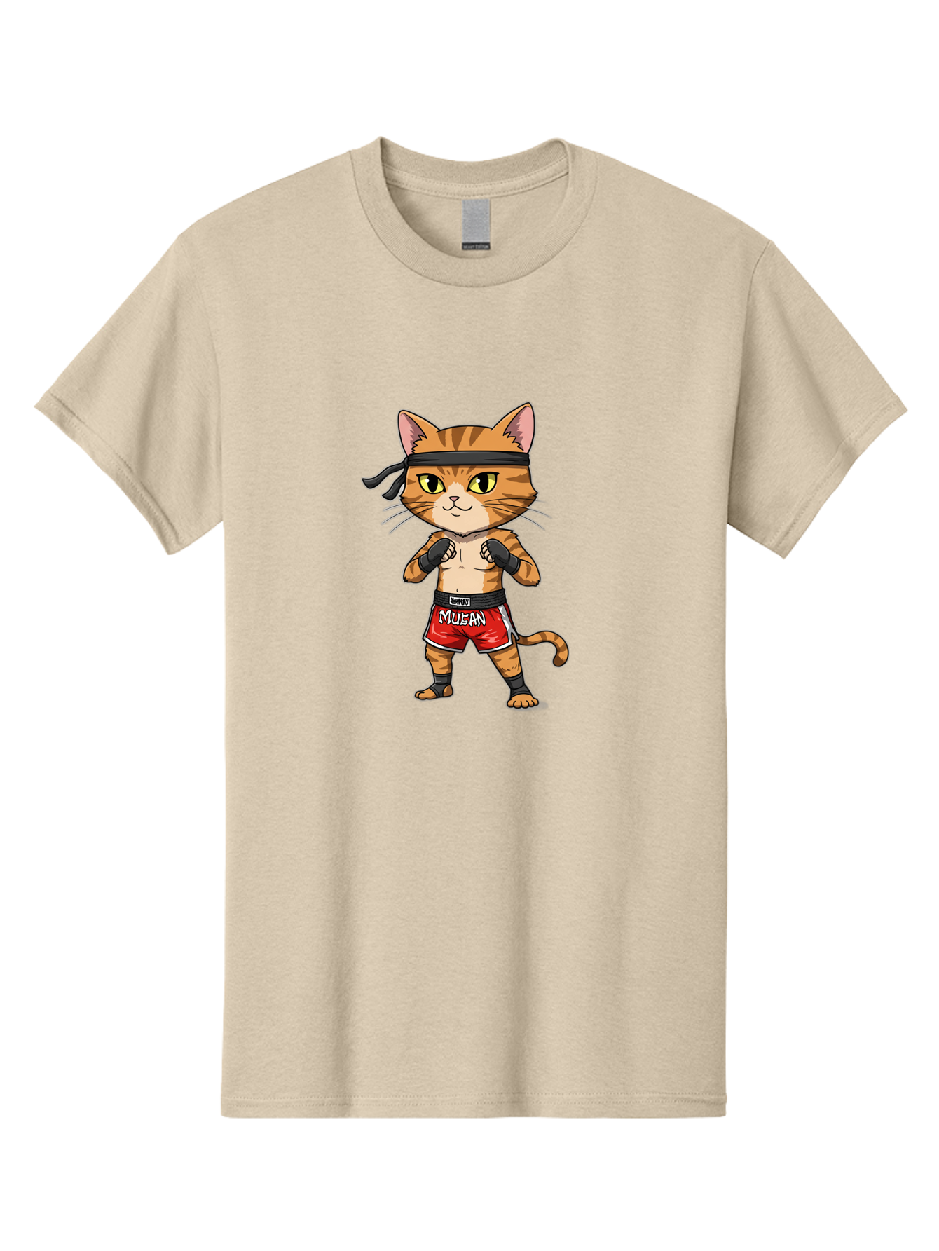 Muay-Thai-Cat-6 Men'S Graphic Tee, 100% Cotton, Comfortable Casual Summer Wear, Machine Washable, Cartoon Cat, Muay Thai Fighter, Red Shorts, Black Headband, Boxing Gloves, Combat Sports, Martial Arts, Cute Animal, Fighting Stance, Bae555