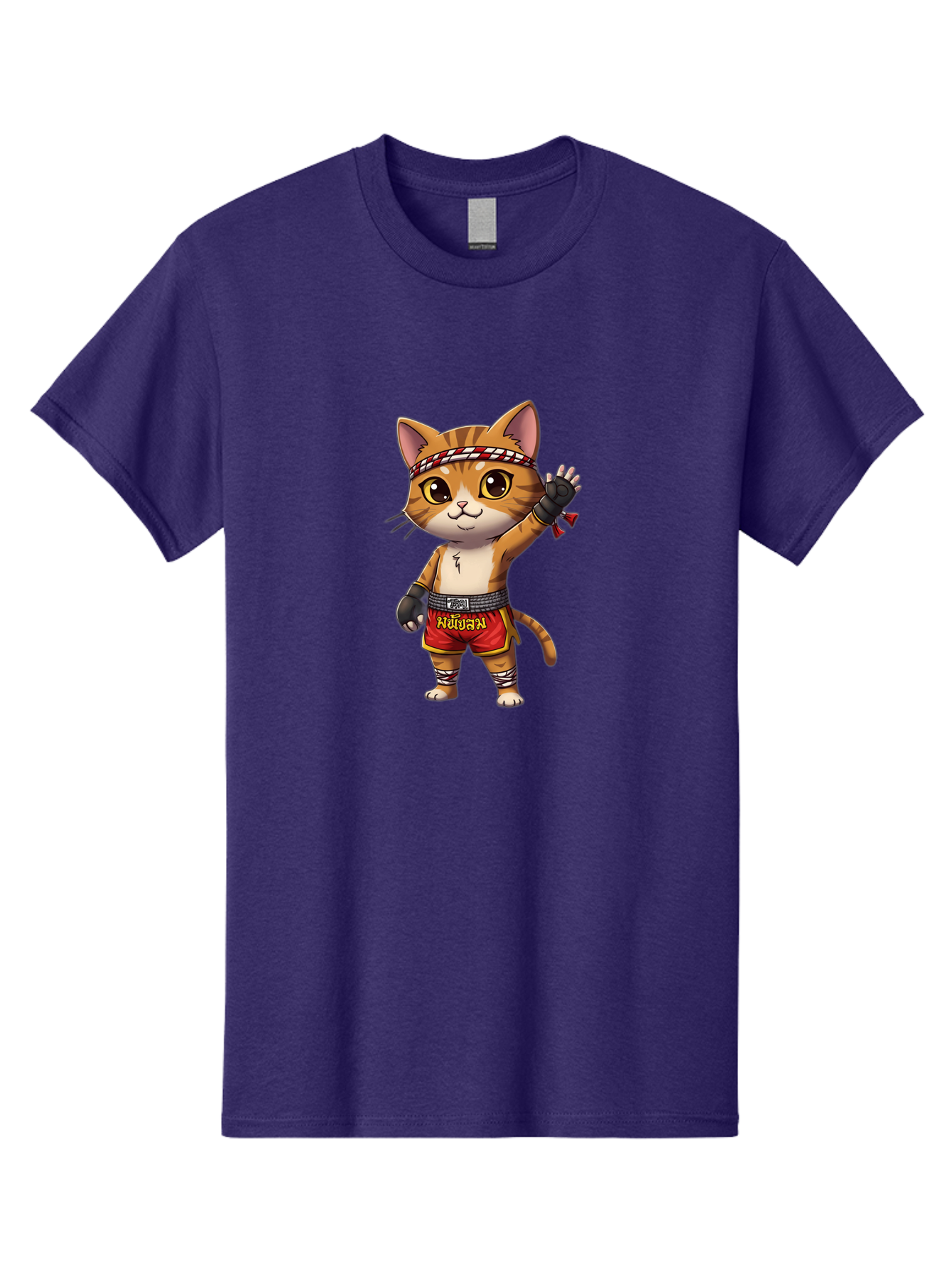 Muay-Thai-Cat-7 Men'S Graphic Tee, 100% Cotton, Comfortable Casual Summer Wear, Machine Washable, Cartoon Cat, Muay Thai Fighter, Martial Arts, Red Shorts, Black Gloves, Headband, Muay Thai, Fighting Cat, Kawaii, Anime Style, Bae556