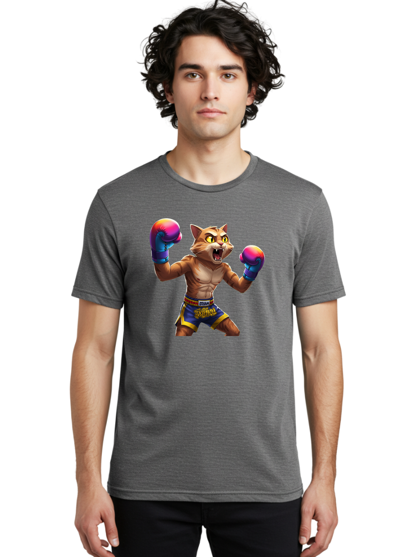 Muay-Thai-Cat-8 Men'S Graphic Tee, 100% Cotton, Comfortable Casual Summer Wear, Machine Washable, Cartoon Cat, Muay Thai Fighter, Boxing Gloves, Blue Shorts, Strong Muscles, Aggressive Stance, Fighting Pose, Cartoon Character, Muay Thai, Bae557