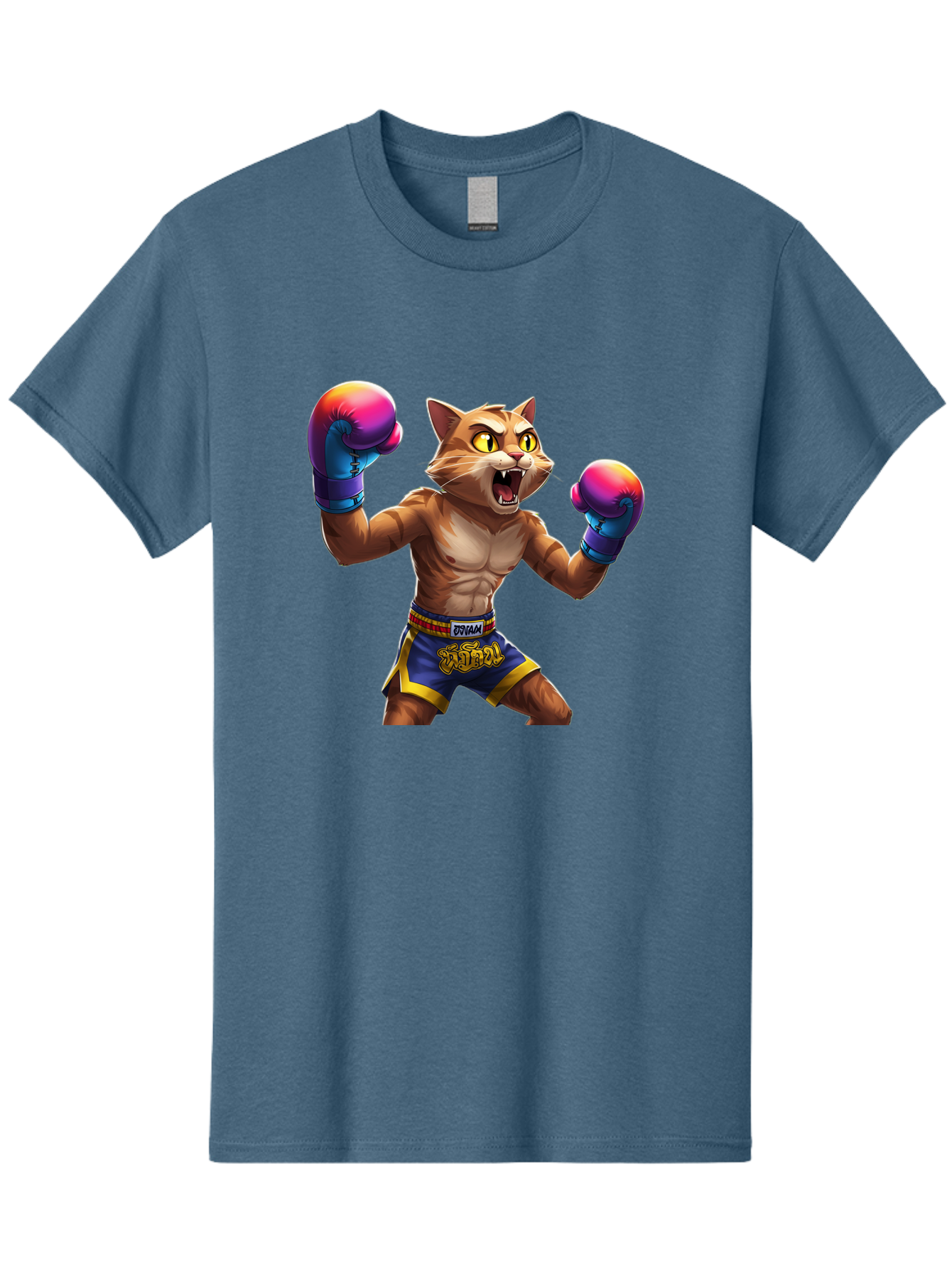 Muay-Thai-Cat-8 Men'S Graphic Tee, 100% Cotton, Comfortable Casual Summer Wear, Machine Washable, Cartoon Cat, Muay Thai Fighter, Boxing Gloves, Blue Shorts, Strong Muscles, Aggressive Stance, Fighting Pose, Cartoon Character, Muay Thai, Bae557