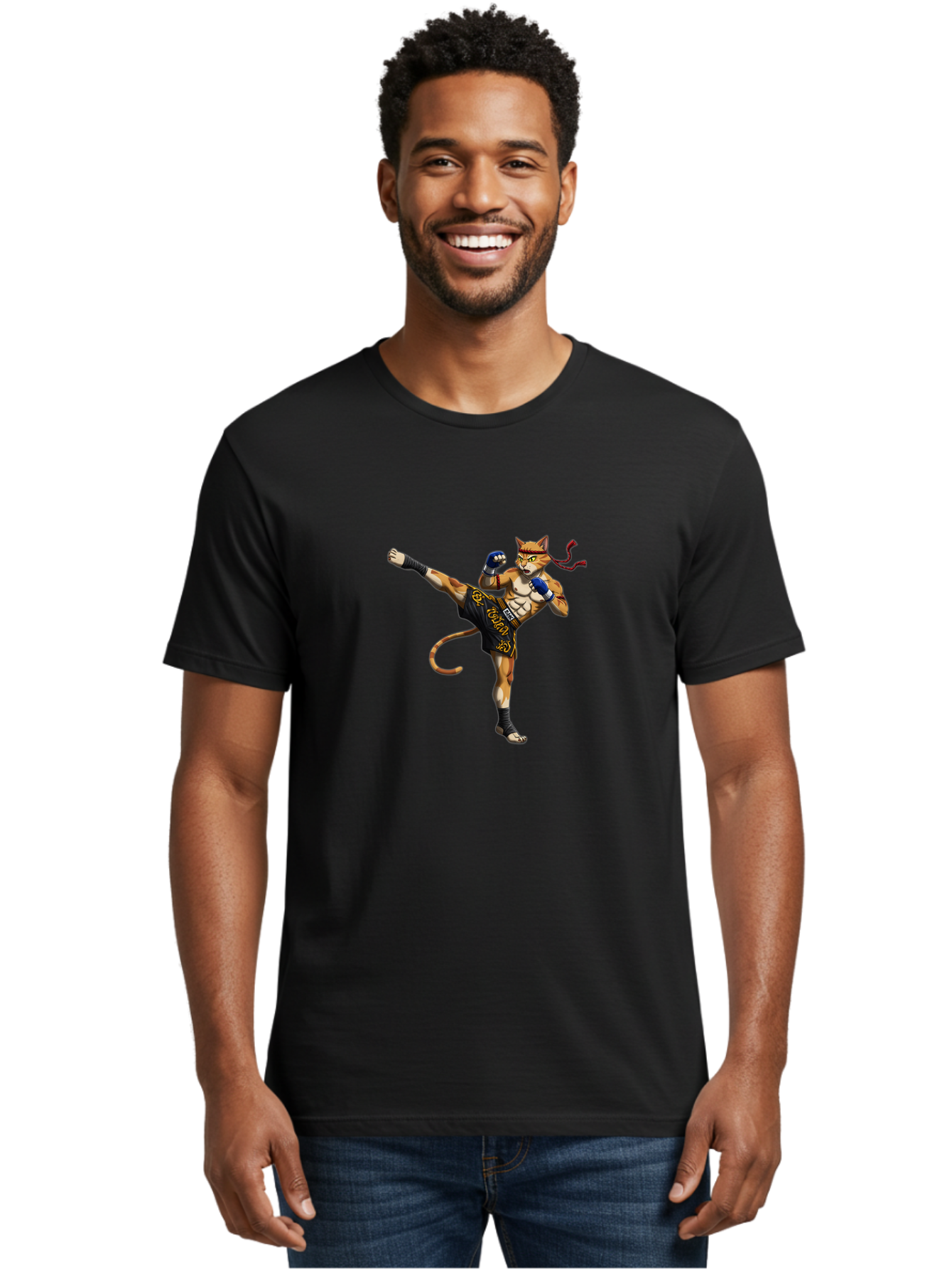 Muay-Thai-Cat-9 Men'S Graphic Tee, 100% Cotton, Comfortable Casual Summer Wear, Machine Washable, Anthropomorphic Cat, Muay Thai Fighter, Kicking Pose, Martial Arts, Combat Sports, Cat Character, Fighting Stance, Cartoon Style, Bae558