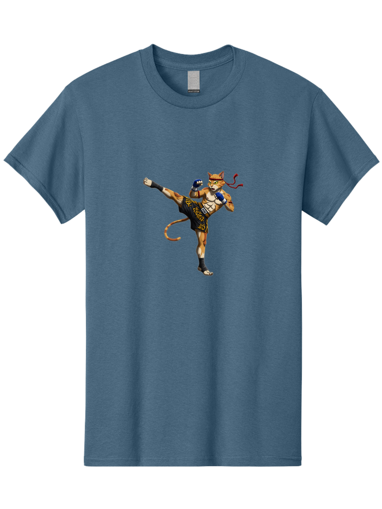 Muay-Thai-Cat-9 Men'S Graphic Tee, 100% Cotton, Comfortable Casual Summer Wear, Machine Washable, Anthropomorphic Cat, Muay Thai Fighter, Kicking Pose, Martial Arts, Combat Sports, Cat Character, Fighting Stance, Cartoon Style, Bae558