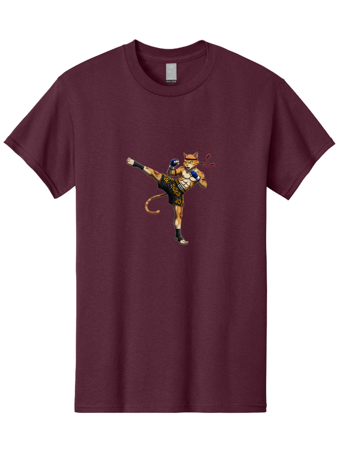 Muay-Thai-Cat-9 Men'S Graphic Tee, 100% Cotton, Comfortable Casual Summer Wear, Machine Washable, Anthropomorphic Cat, Muay Thai Fighter, Kicking Pose, Martial Arts, Combat Sports, Cat Character, Fighting Stance, Cartoon Style, Bae558