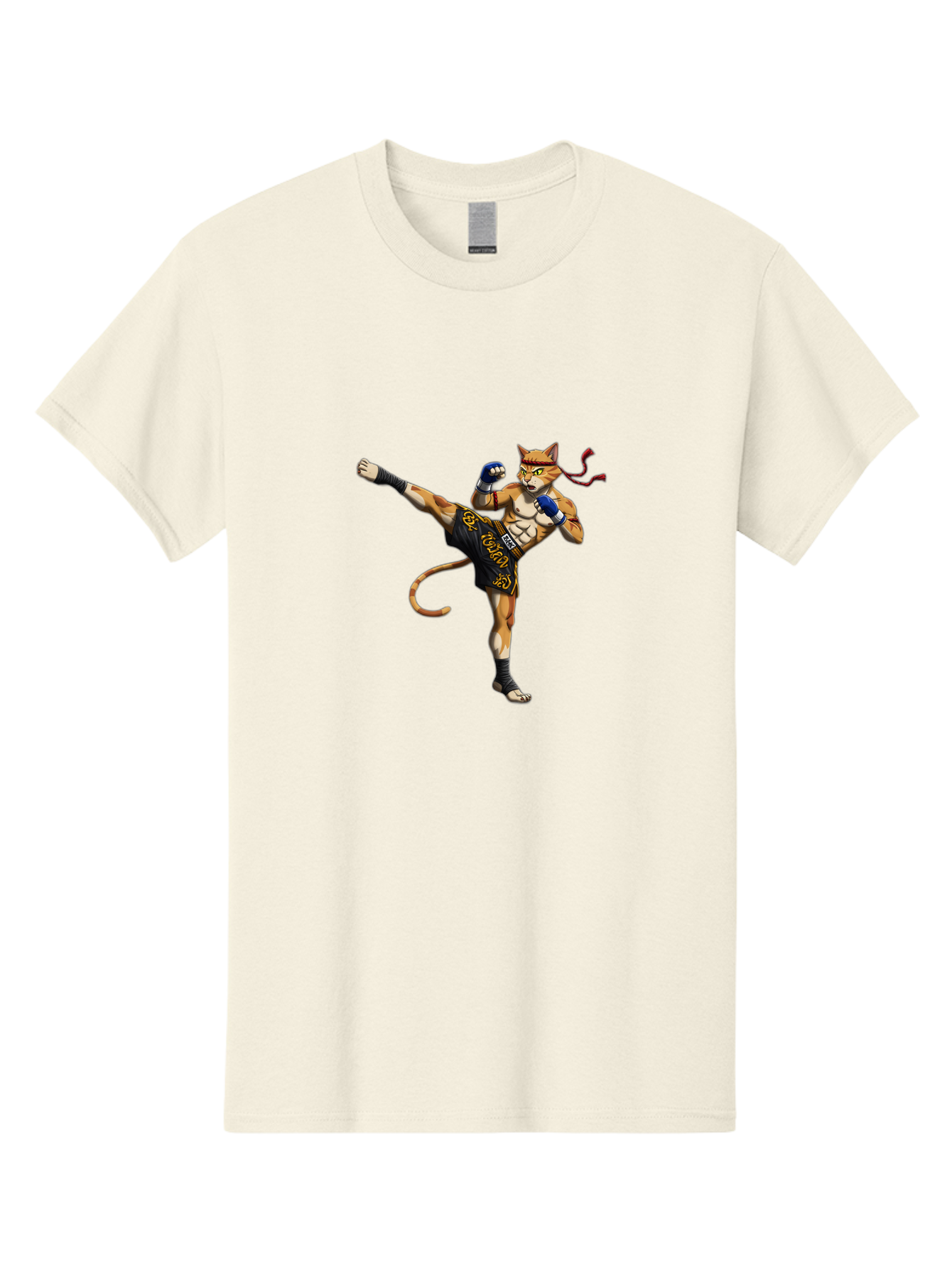 Muay-Thai-Cat-9 Men'S Graphic Tee, 100% Cotton, Comfortable Casual Summer Wear, Machine Washable, Anthropomorphic Cat, Muay Thai Fighter, Kicking Pose, Martial Arts, Combat Sports, Cat Character, Fighting Stance, Cartoon Style, Bae558